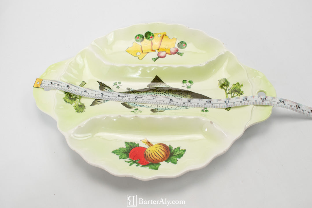 Fish and veggies dinner serving plate appetizers used green