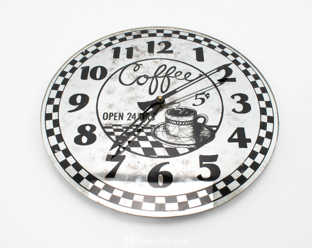 Coffee Clock Silver Black 5 cents Open 24 Hr Wall Clock Used