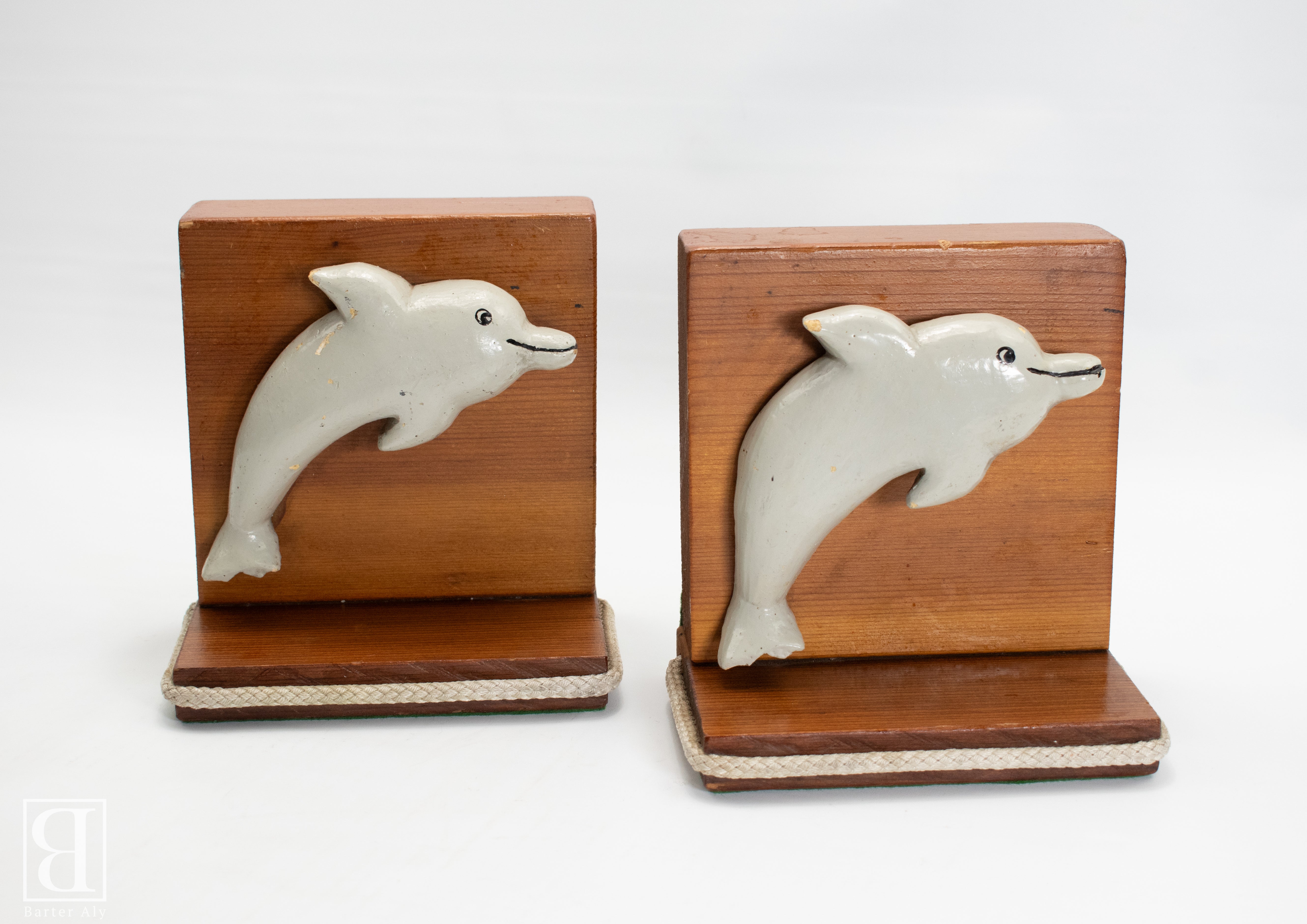 Vintage Bookend Book Holders Dolphins Wood Unique Made Collectible Set used Book Ends