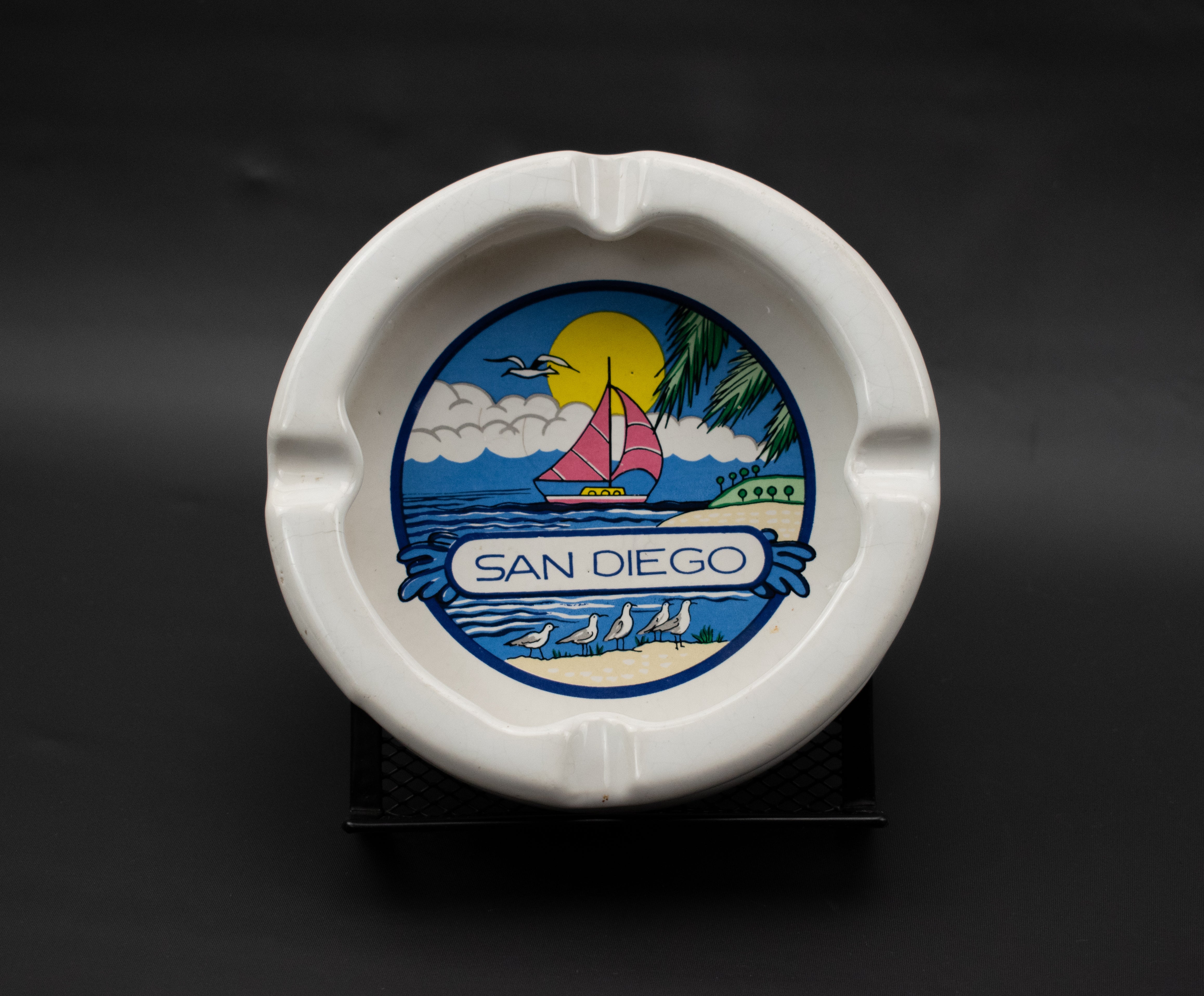 San Diego Ash tray used Vintage white Smoking tray 5x5