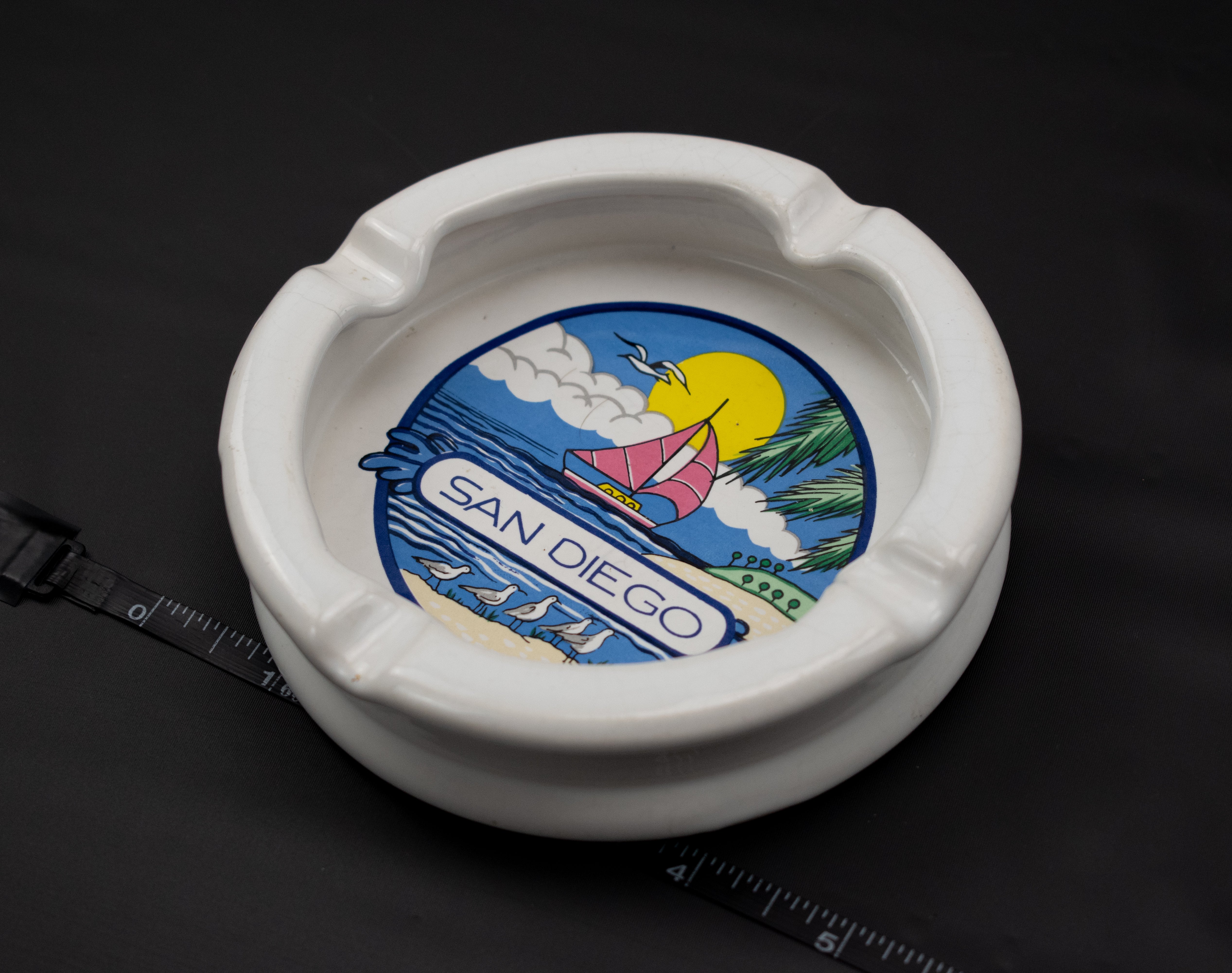 San Diego Ash tray used Vintage white Smoking tray 5x5