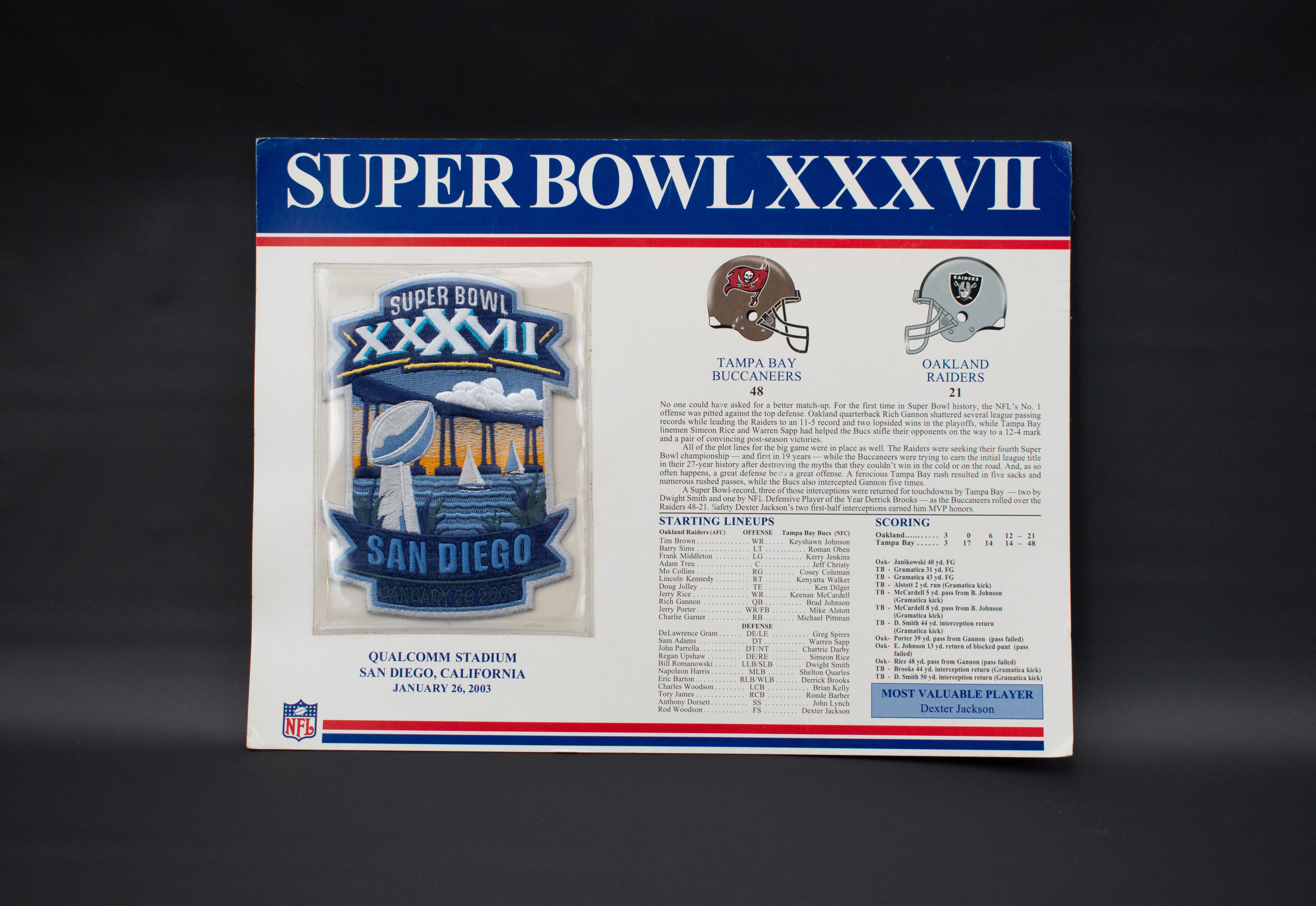 NFL Super Bowl XXXVII Willabee & Ward Patch & Stat Card (Raiders vs BUCS) 2003