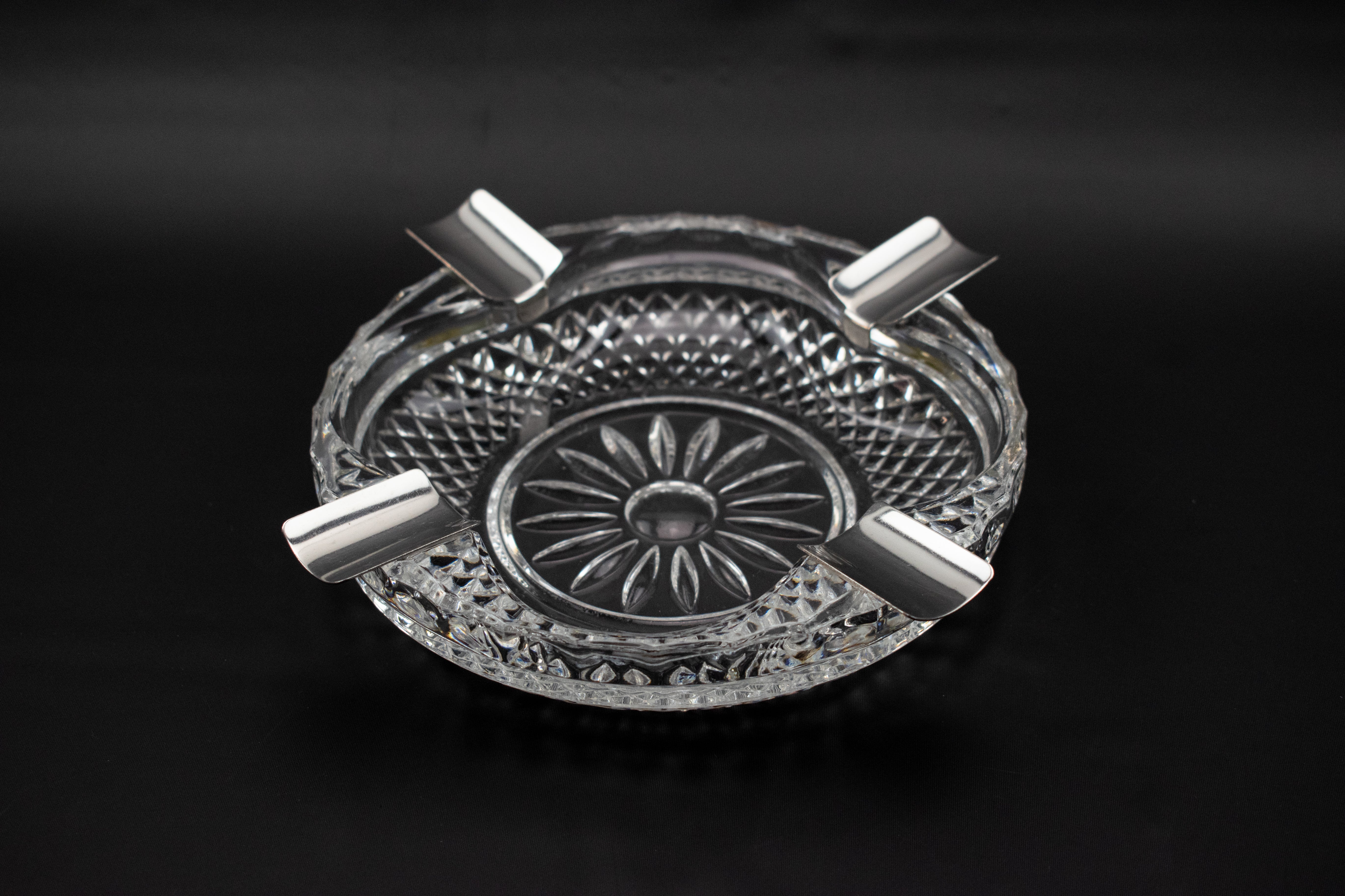 Ashtray Used Ash Bowl Cigar Vintage Glass Clear Ashtray Silver Used 6in
