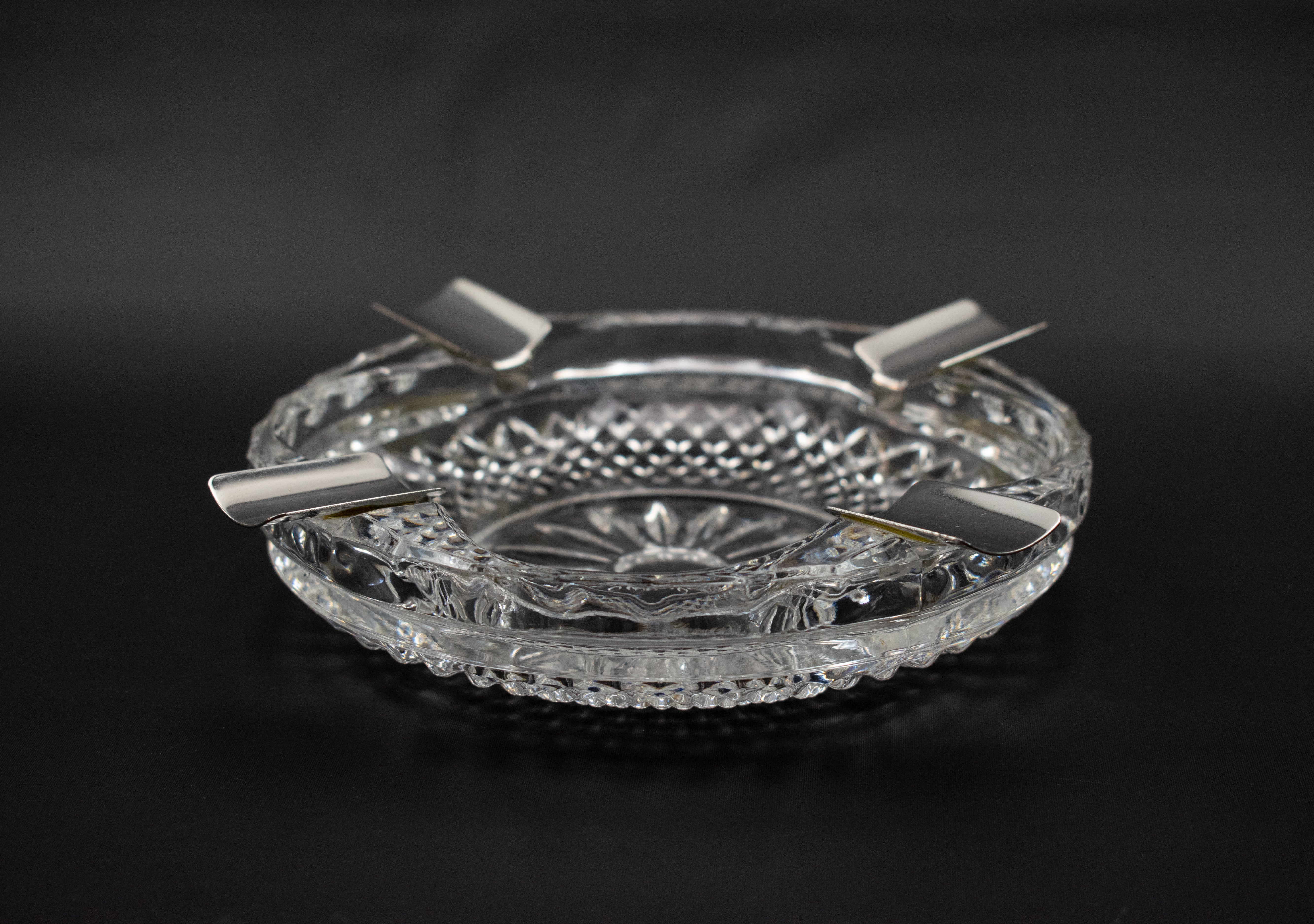 Ashtray Used Ash Bowl Cigar Vintage Glass Clear Ashtray Silver Used 6in