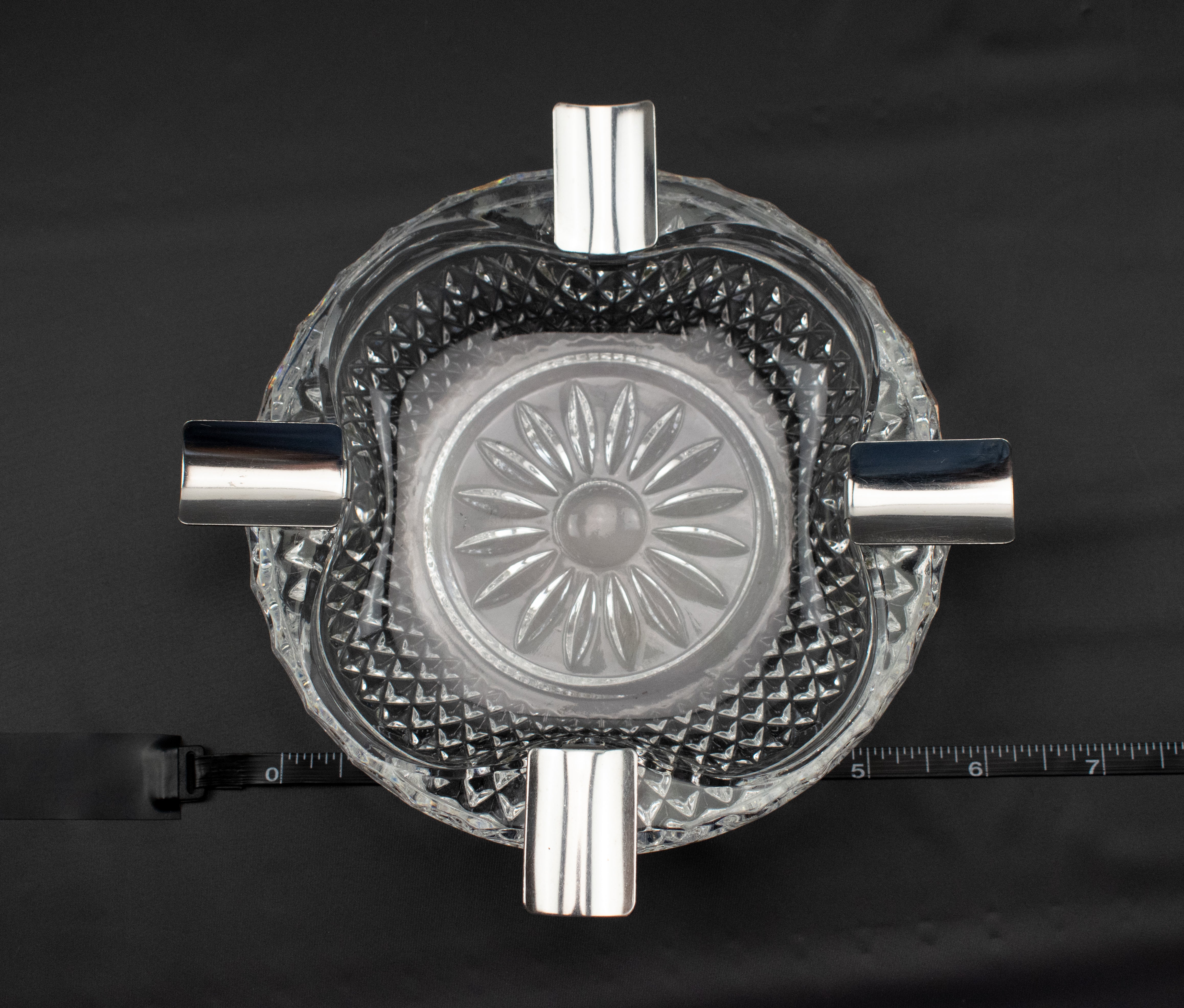 Ashtray Used Ash Bowl Cigar Vintage Glass Clear Ashtray Silver Used 6in