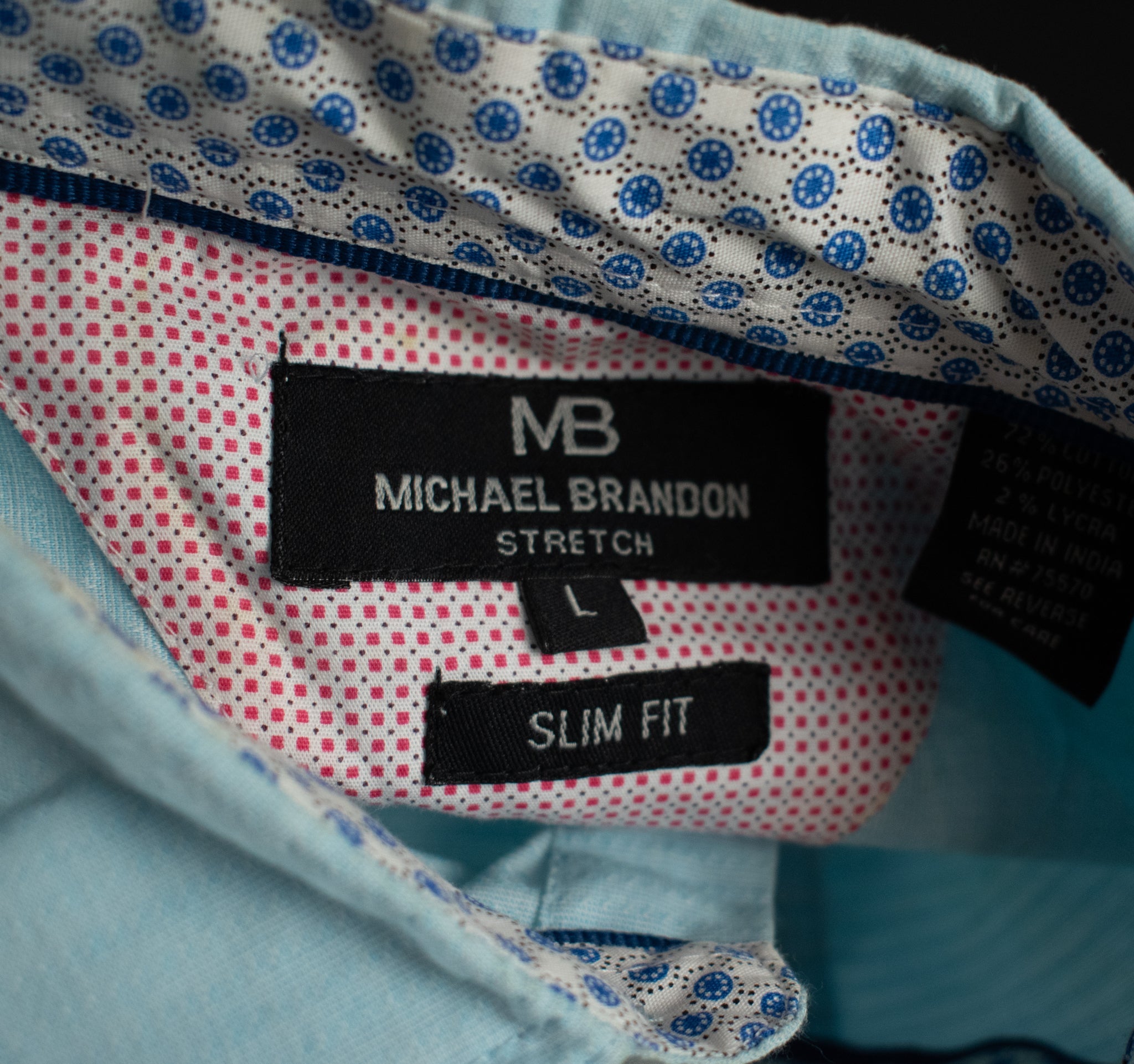 Michael Brandon Short Sleeve Dress Shirt Blue Mens Large Slim Fit Stretch Button Up Used MB