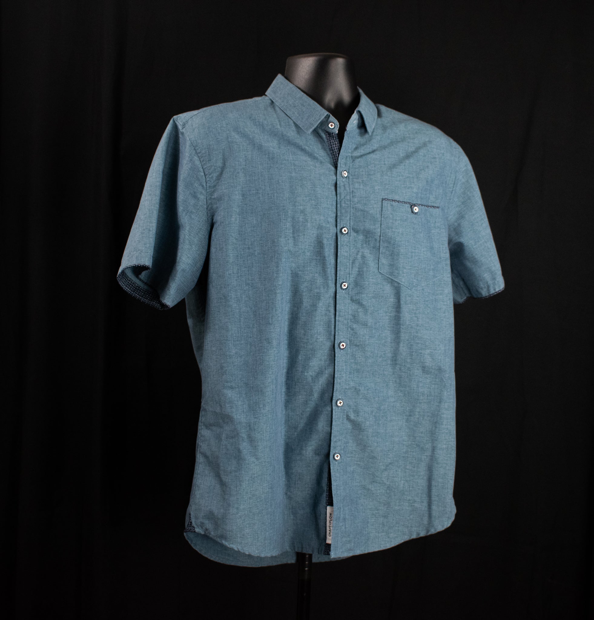 Craft Flow Mens Short Sleeve Button Up Collar Shirt Large Slim Fit Blue Used