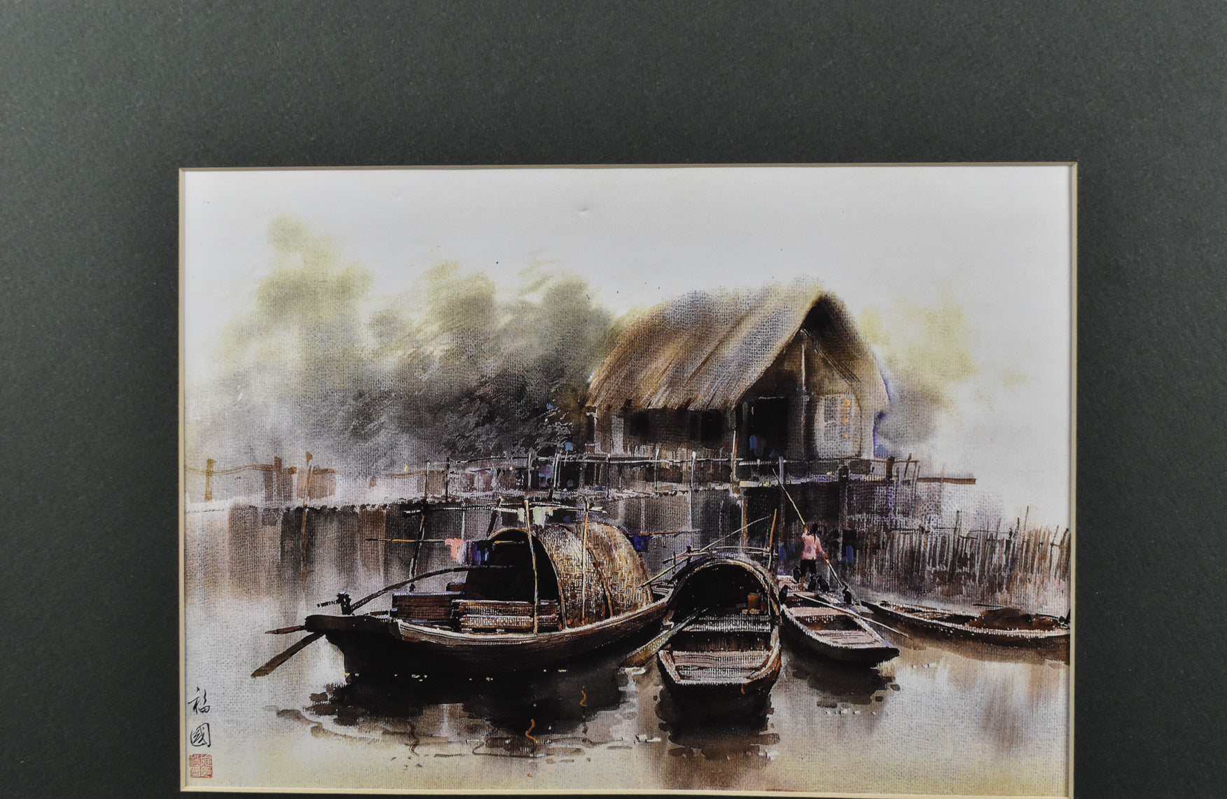 Asian Village Artwork Matte Green 8x11 Print Signed
