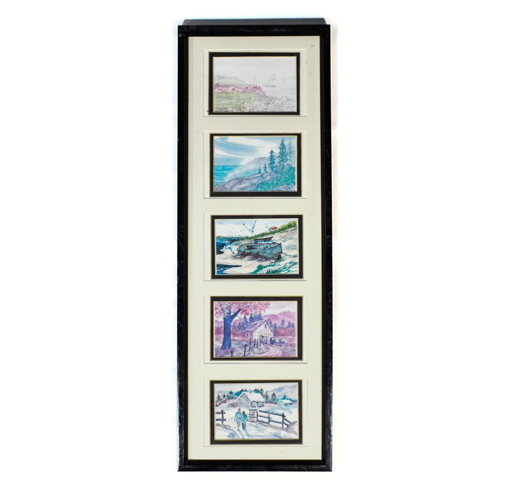 Framed Artwork 5 Artwork prints 3 x 5 photos Scenery 8 1/2 x 24 Original Artwork Display Used