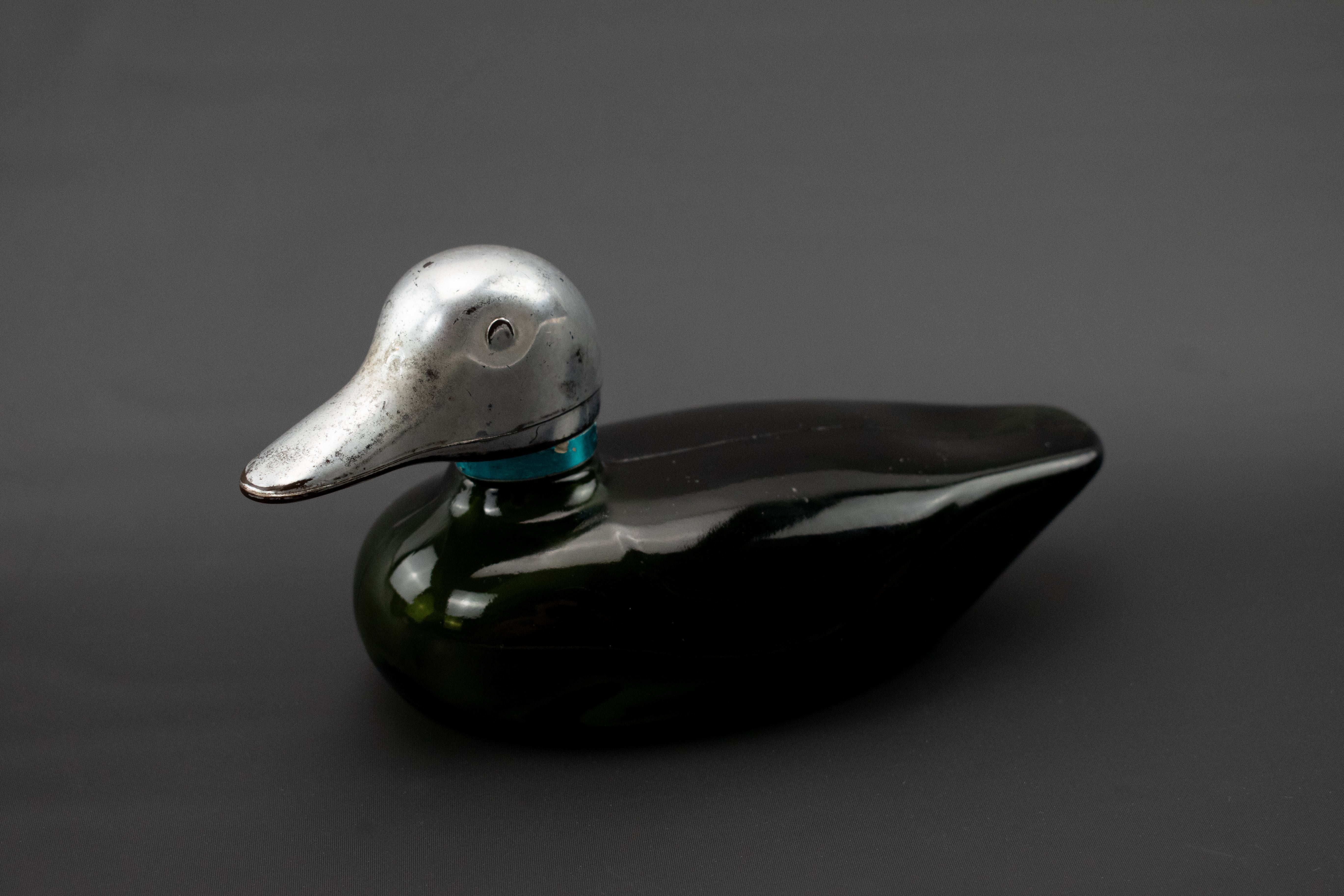 Avon Bottle Glass Duck Bottle Vintage Silver & Green
