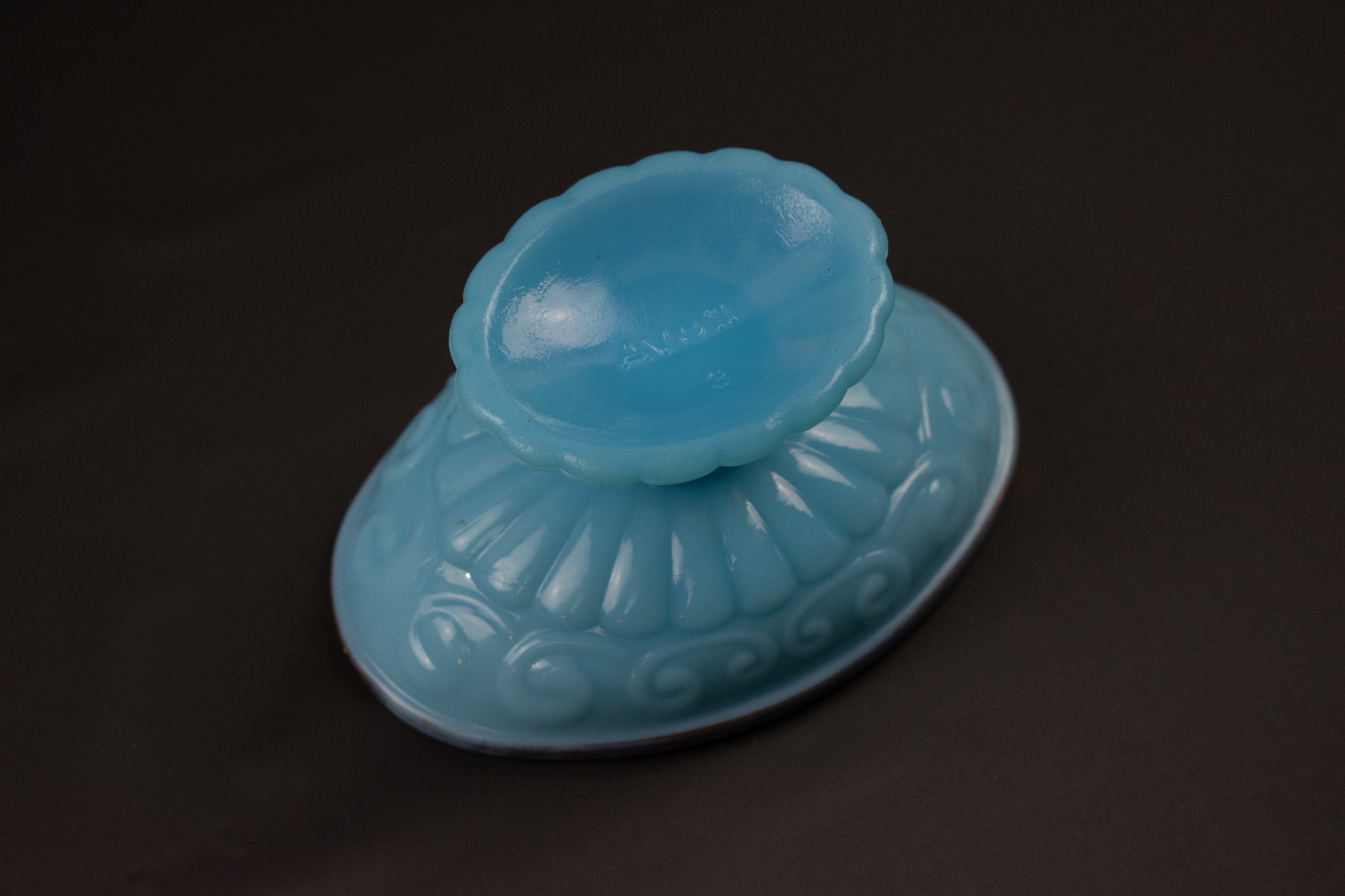 Vintage Avon Soap Pedestal Footed Dish Bowl Bristol Blue 4” in Silver Trim