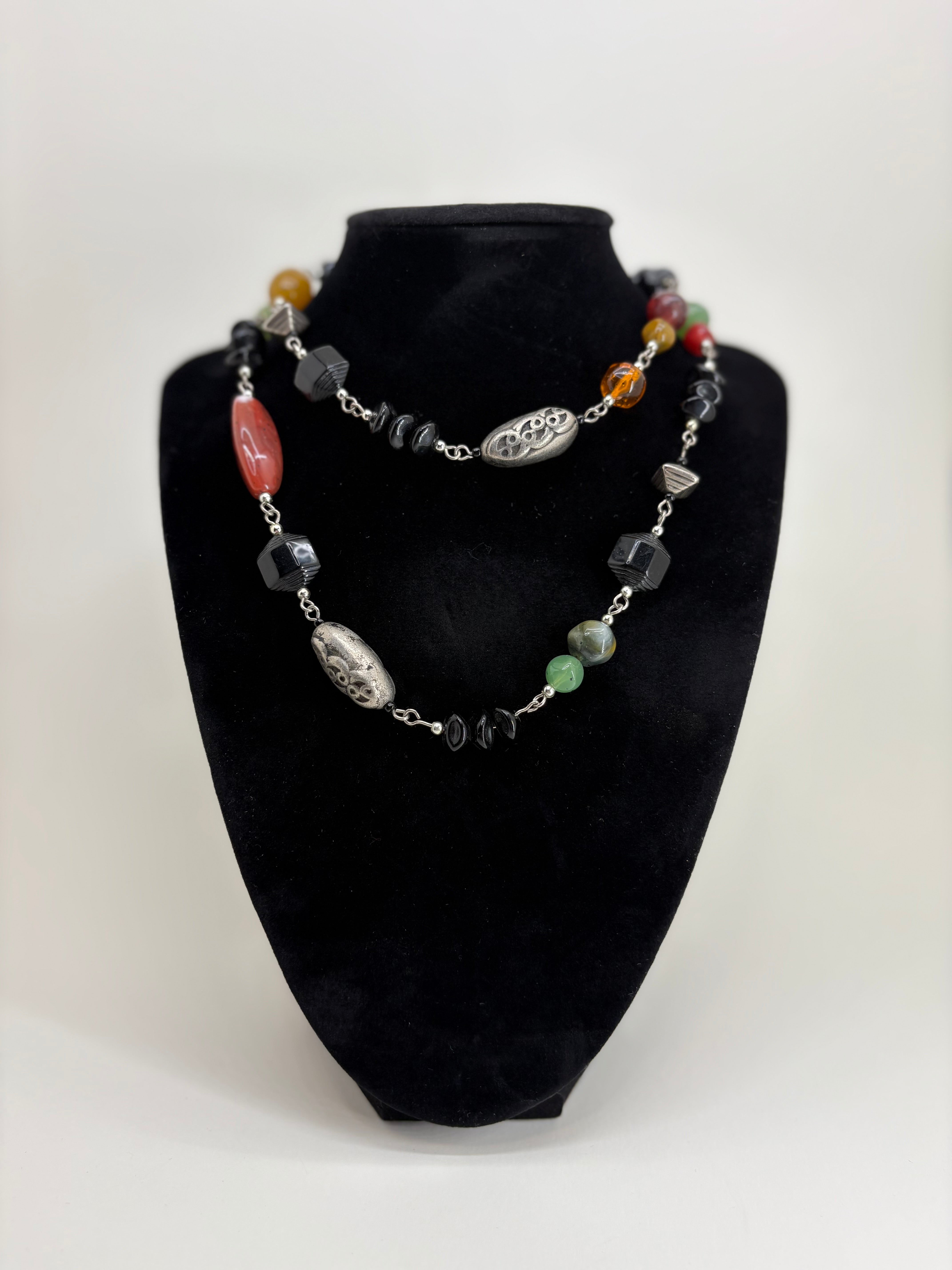 Vintage Style Beaded Necklace with Earthy Tones 15"