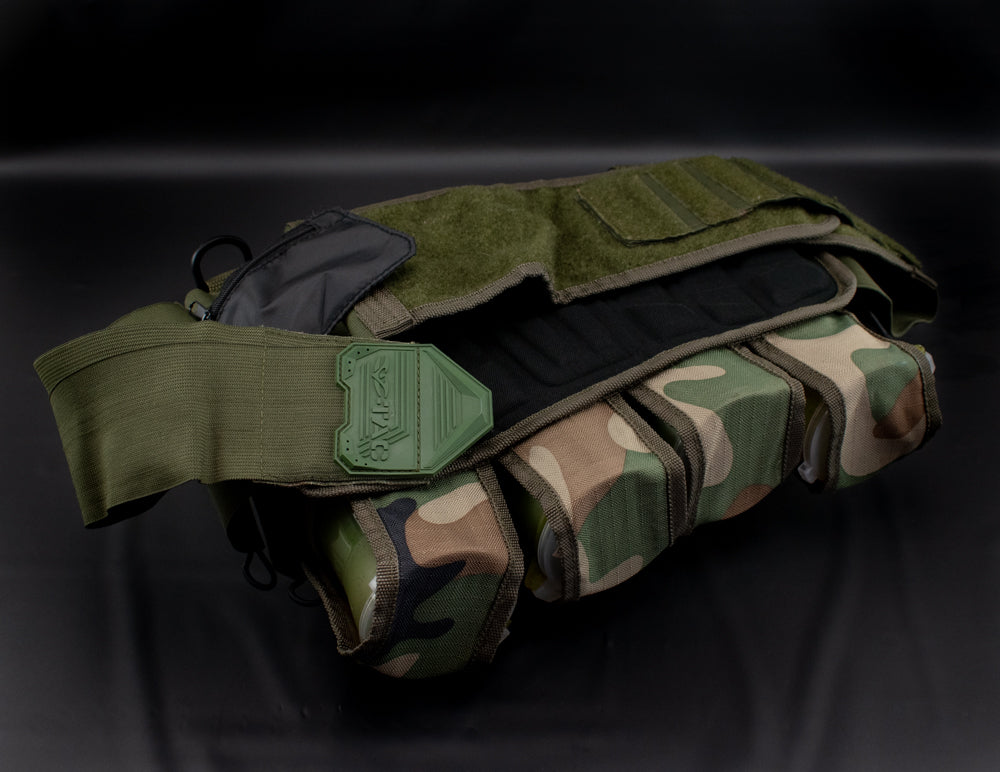 Paintball 11 Pod Carry Harness Army Green Camo & 4 Valken Flick Lid Green Pods Used