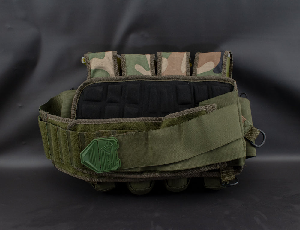 Paintball 11 Pod Carry Harness Army Green Camo & 4 Valken Flick Lid Green Pods Used