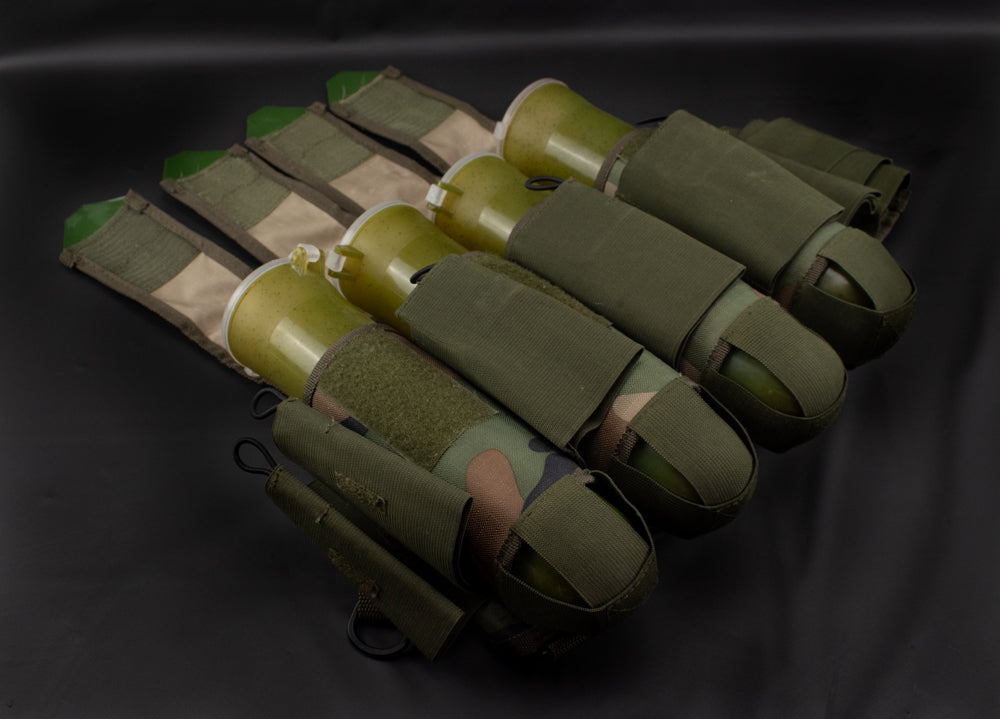 Paintball 11 Pod Carry Harness Army Green Camo & 4 Valken Flick Lid Green Pods Used