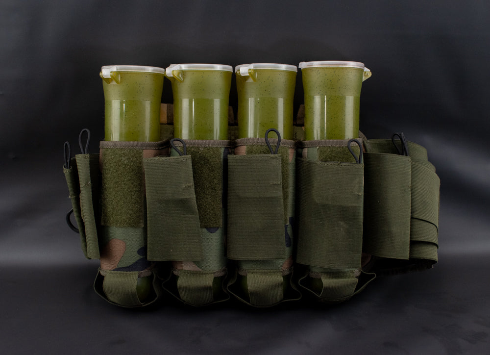 Paintball 11 Pod Carry Harness Army Green Camo & 4 Valken Flick Lid Green Pods Used