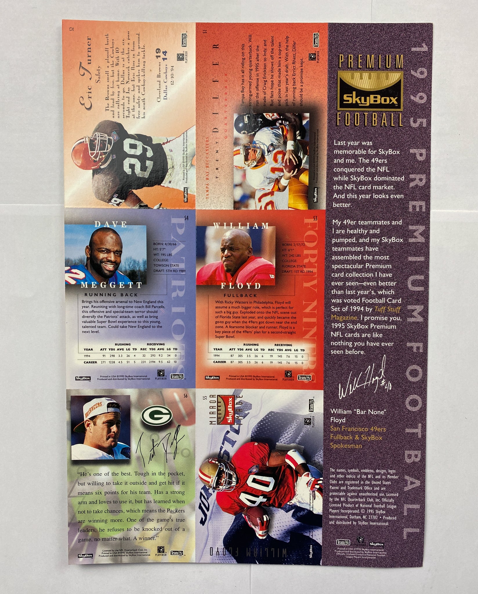 1995 Skybox Premium NFL Uncut Sheet Brett Favre Trent Dilfer Daryl Johnston