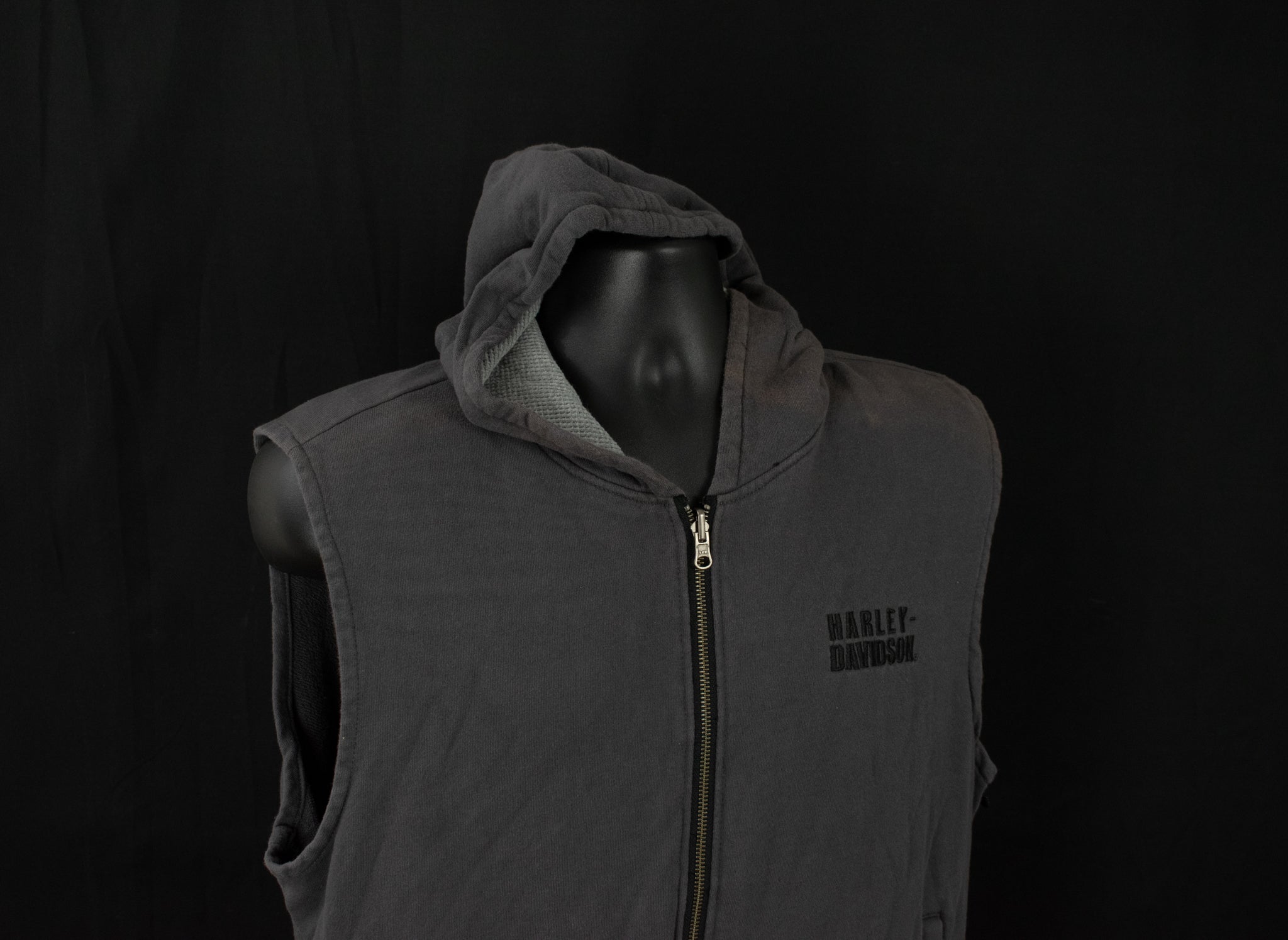 Harley Davidson Authentic Mens Dark Grey Hooded Vest Large Used Zip Up