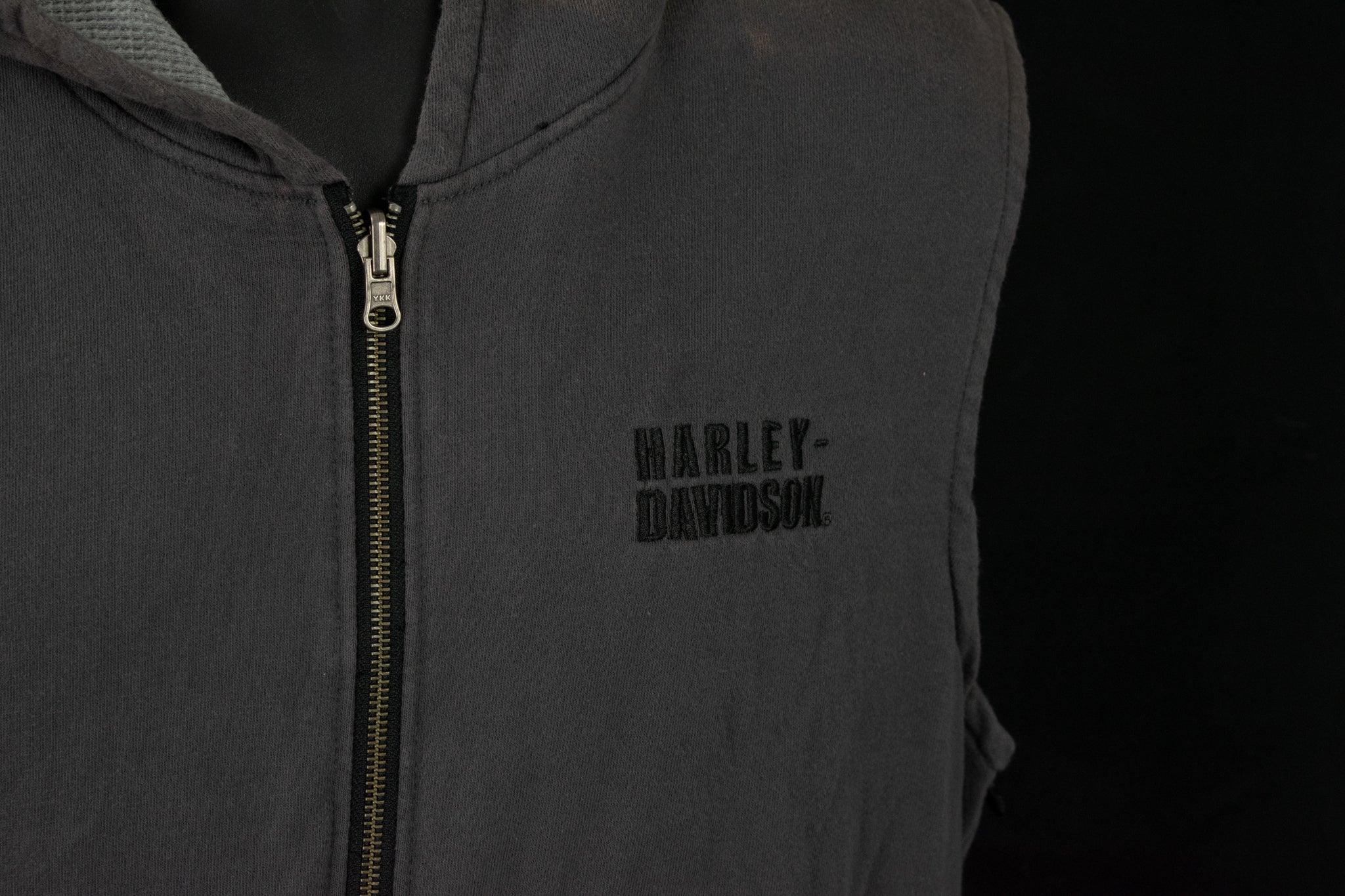 Harley Davidson Authentic Mens Dark Grey Hooded Vest Large Used Zip Up