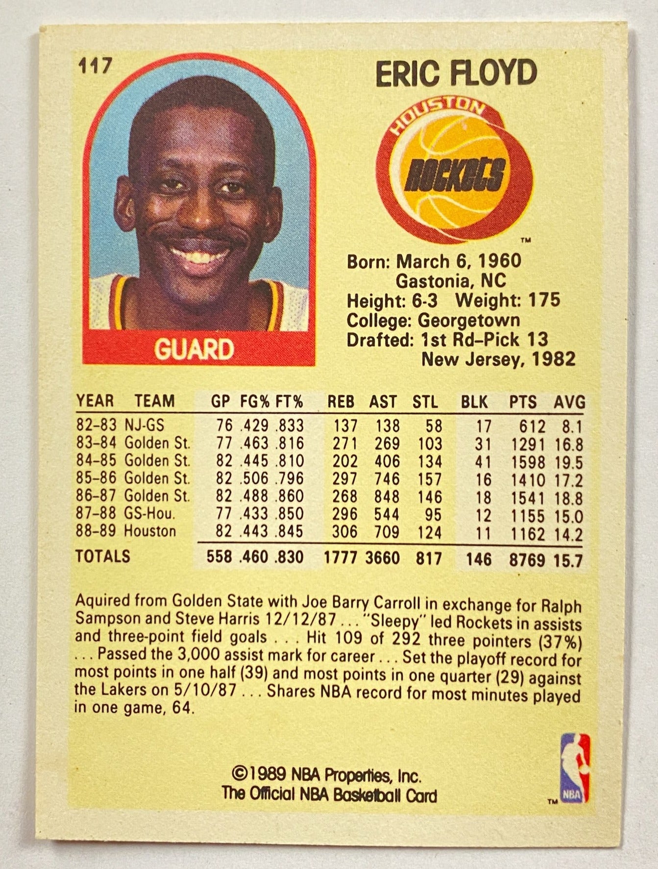 Eric "Sleepy" Floyd 1989-90 NBA Hoops #117 Basketball Card Houston Rockets