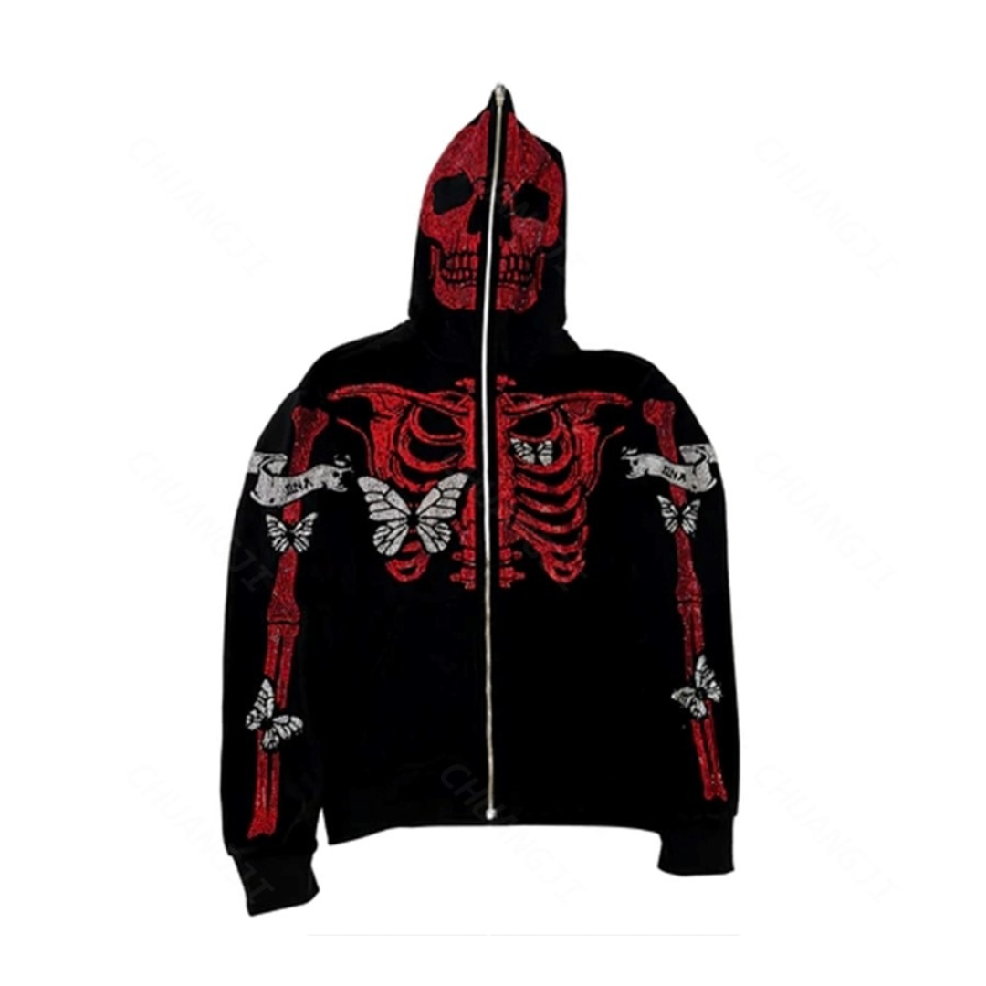 Red Skeleton Rhinestone Men's Hoodie Long Sleeve Zipper Street Hip Hop