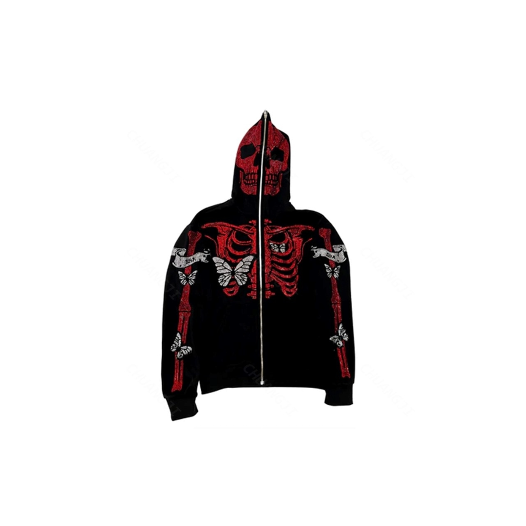 Red Skeleton Rhinestone Men's Hoodie Long Sleeve Zipper Street Hip Hop