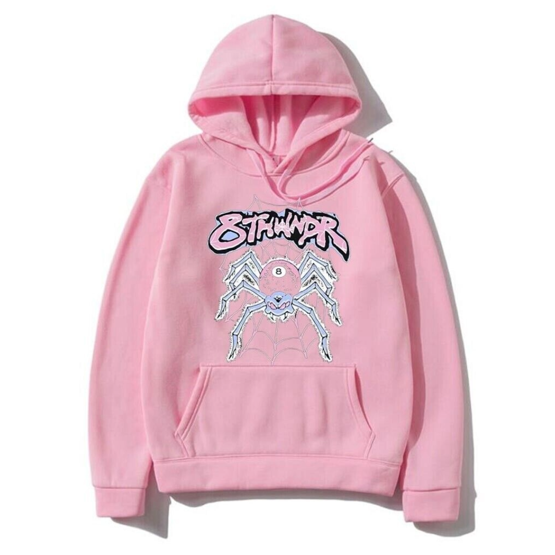Sp5der Angel Number Spider Web Pink Hoodie Fleece Hoodie Streetwear Mens