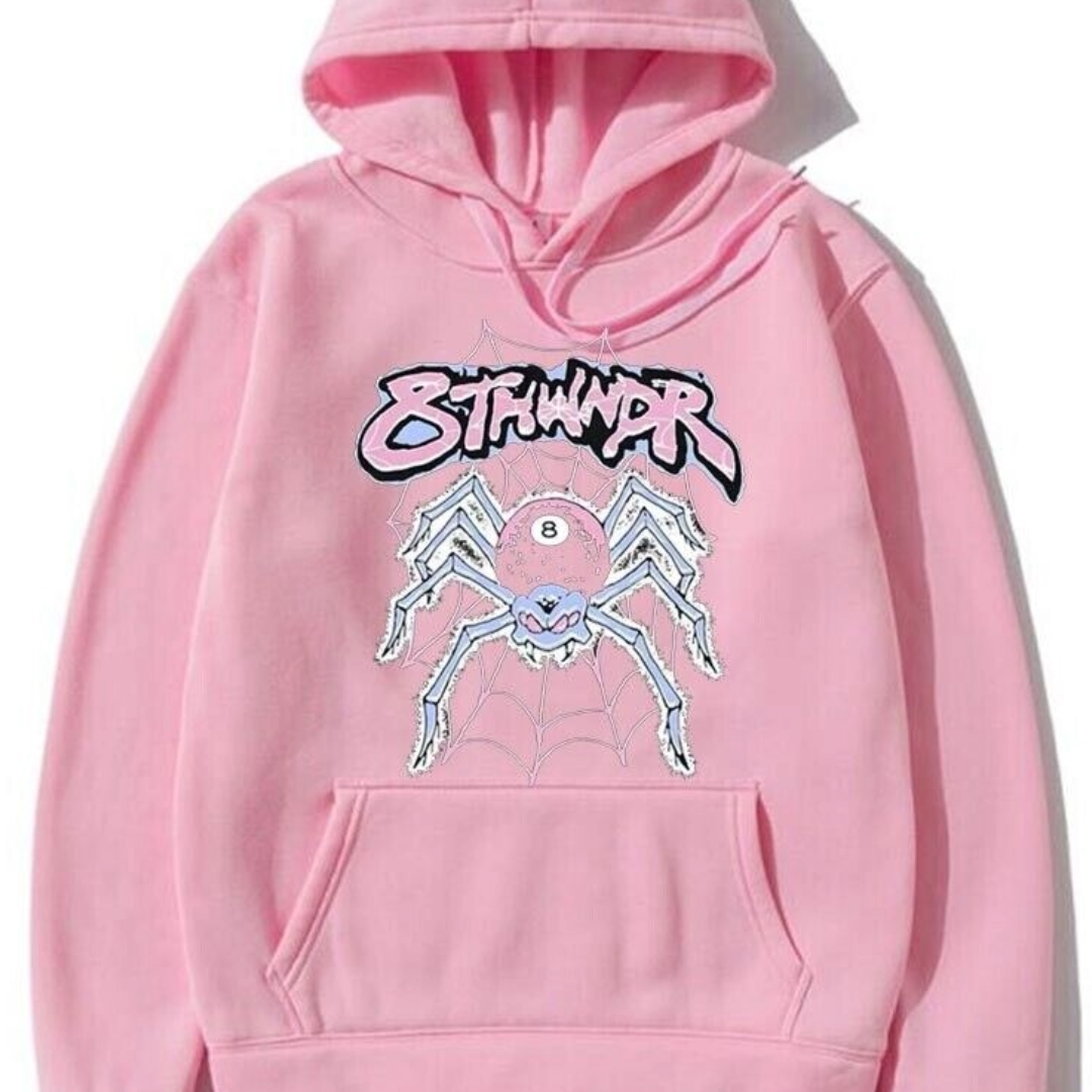 Sp5der Angel Number Spider Web Pink Hoodie Fleece Hoodie Streetwear Mens