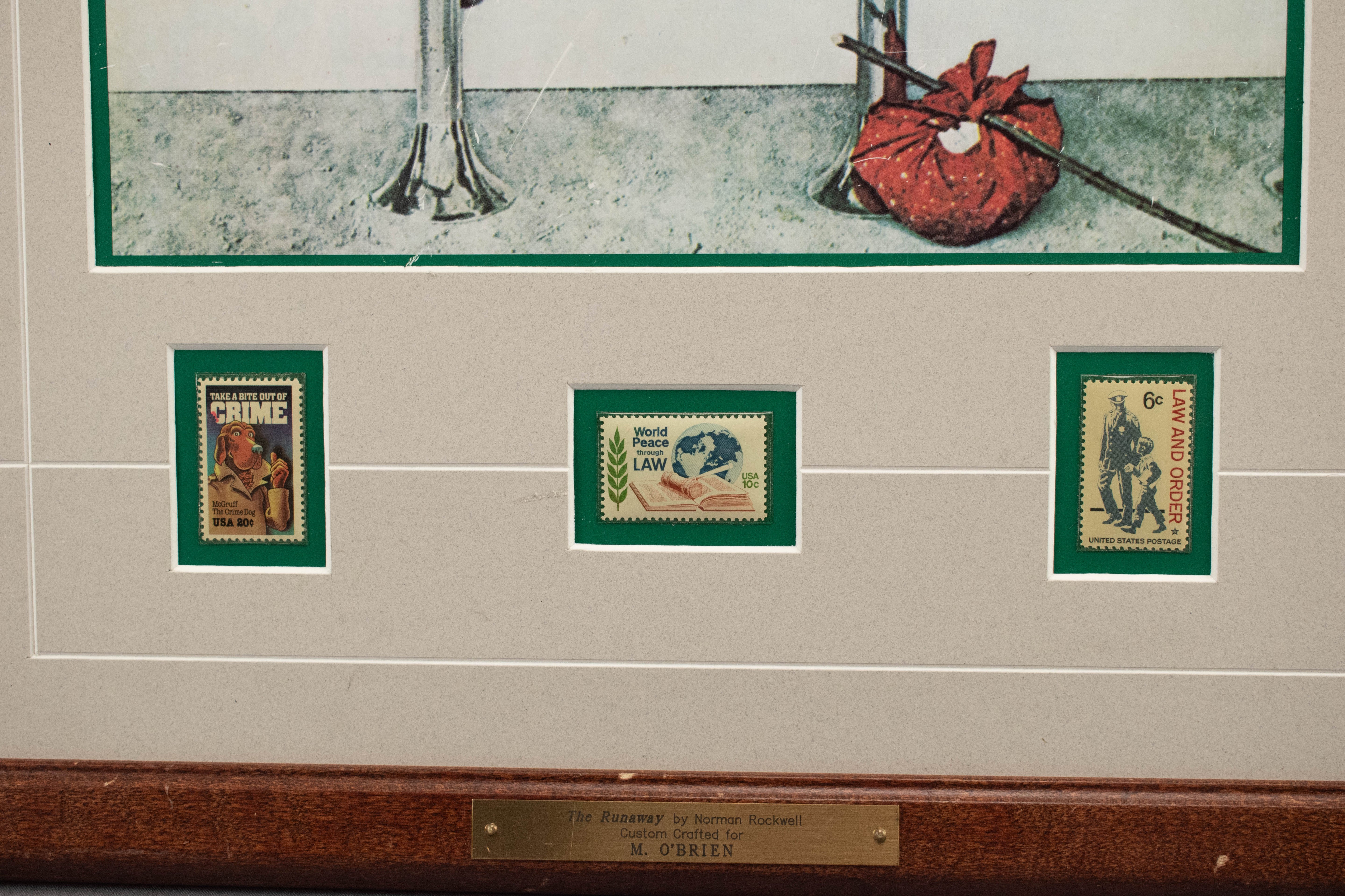 Norman Rockwell Framed Art With Original Stamps The Runaway Police Officer & Kid
