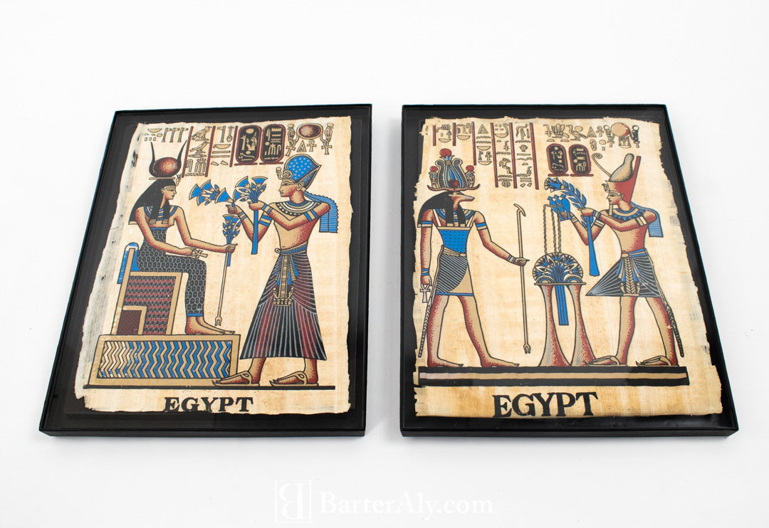 Papyrus Egyptian Artwork Framed Set 2 Hand Painted Colored