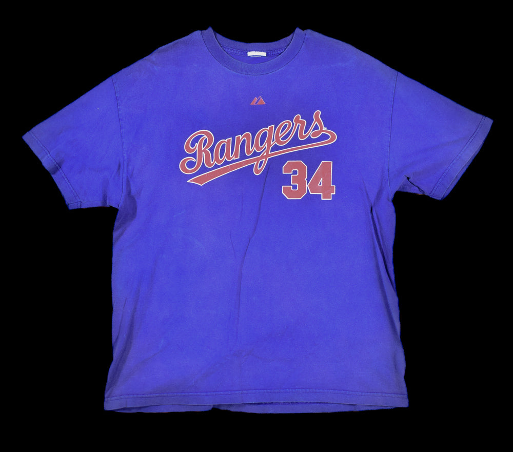 Rangers Mens 34 Ryan Used Blue T shirt Baseball MLB Short Sleeve