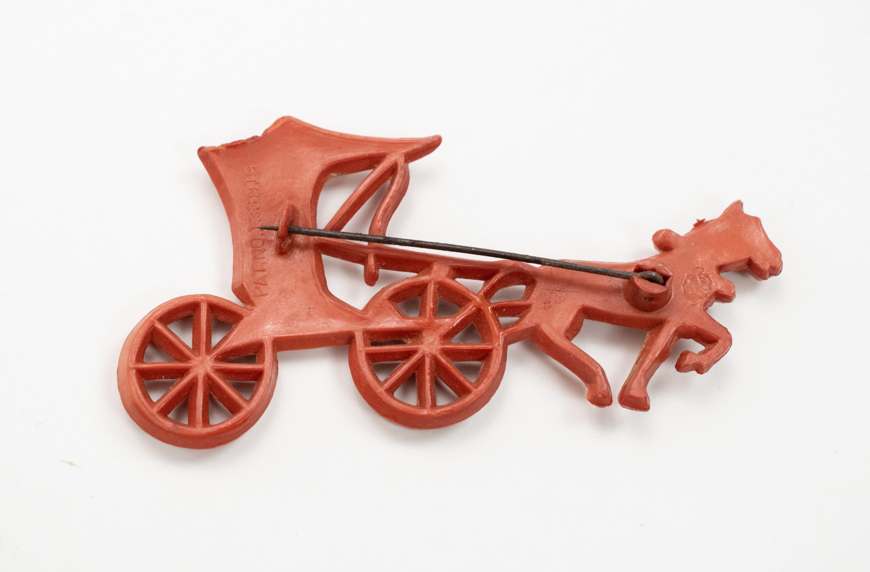 Vintage Burnt Orange Celluloid Stagecoach C-Clasp Brooch Pin 3.34x1.64 inches