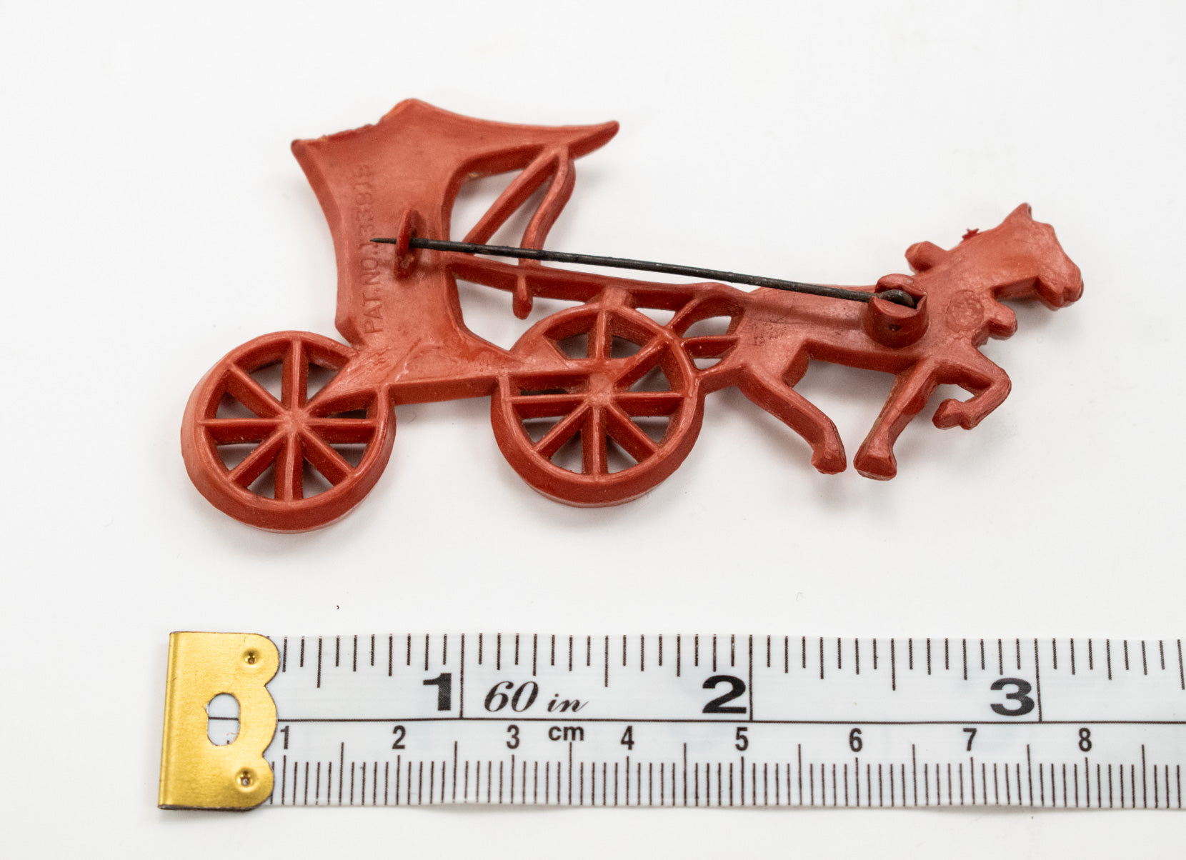 Vintage Burnt Orange Celluloid Stagecoach C-Clasp Brooch Pin 3.34x1.64 inches