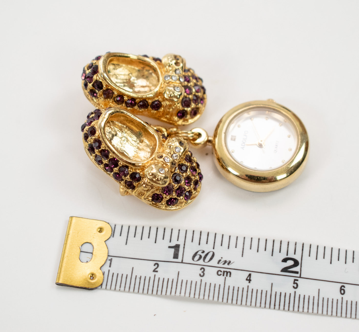 Brooch Pin Adolfo hanging clock little gold shoes collectible pin watch Small
