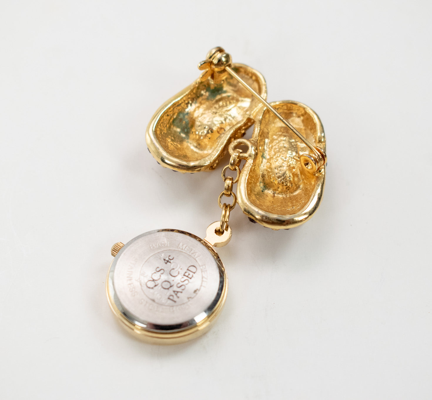 Brooch Pin Adolfo hanging clock little gold shoes collectible pin watch Small