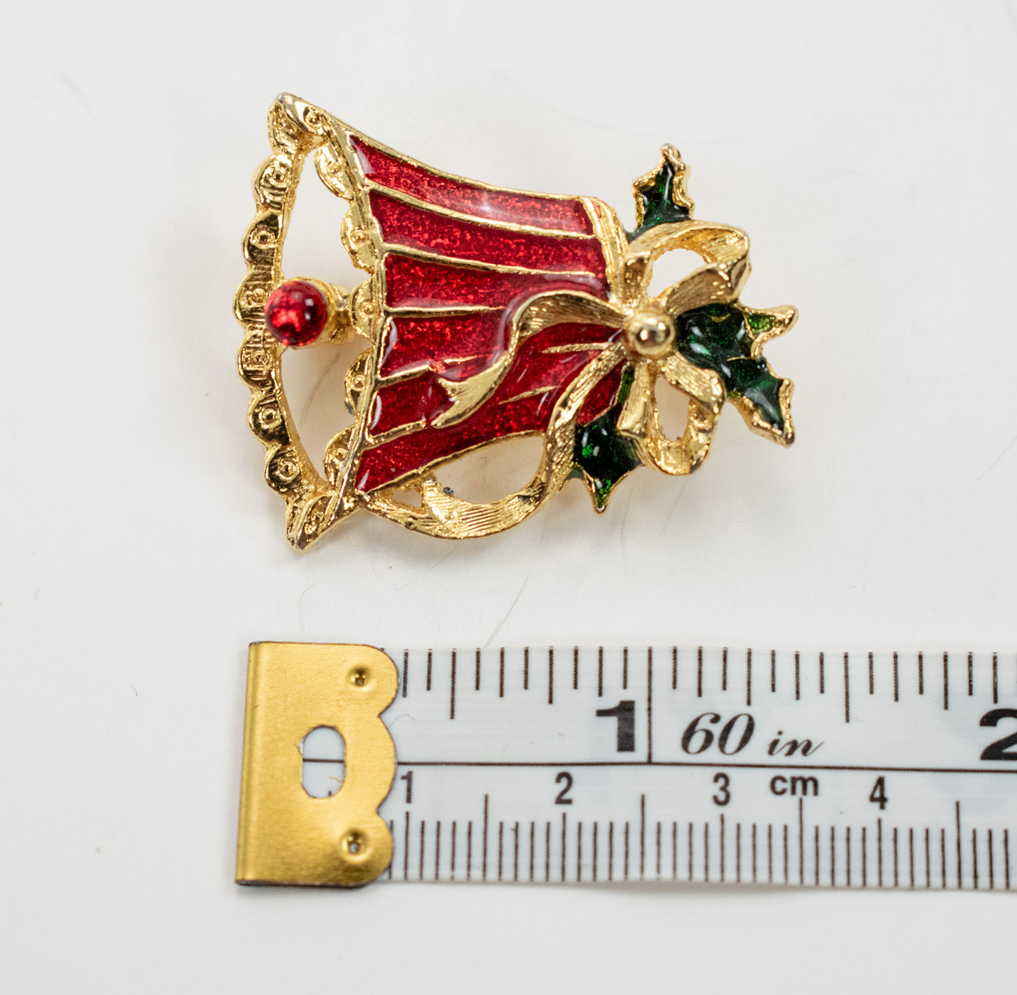 Brooch Pin Christmas pin holiday decretive bell Red vintage Christmas bell used