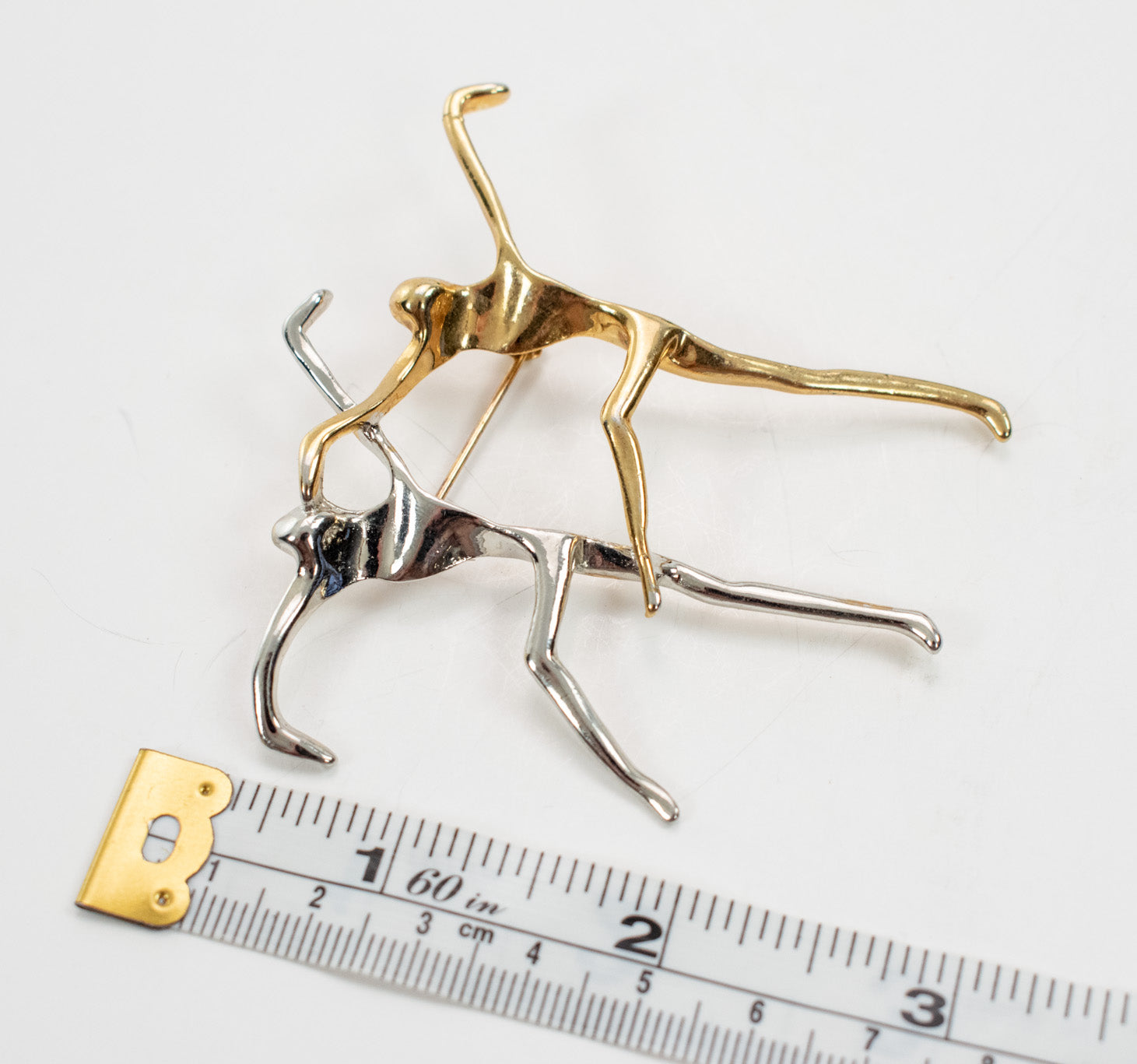 Goldtone Silvertone Metal Stick Figure Dancers 3"Brooch Pin Brutalist Modernist