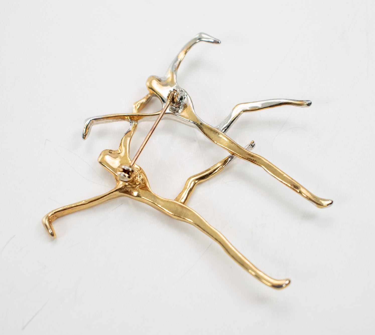 Goldtone Silvertone Metal Stick Figure Dancers 3"Brooch Pin Brutalist Modernist