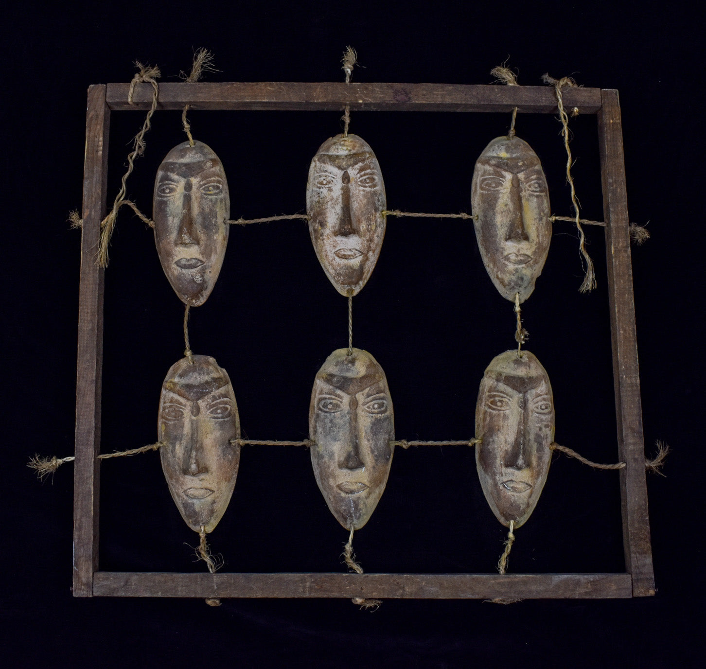 Clay Face Native Wood Rope Display Vintage Hand Made Tiki Native Handmade Decorative Piece