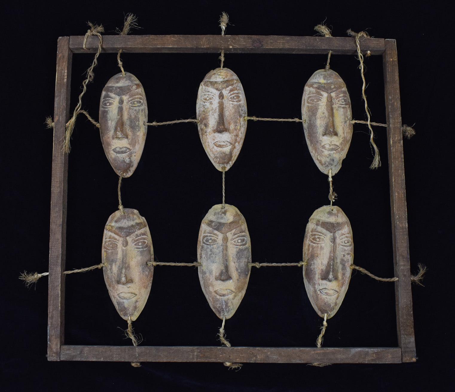 Clay Face Native Wood Rope Display Vintage Hand Made Tiki Native Handmade Decorative Piece