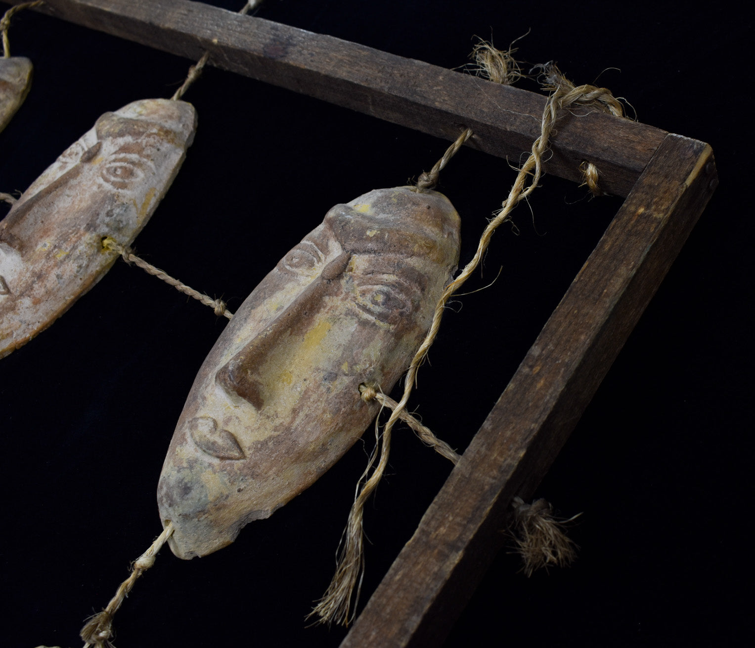 Clay Face Native Wood Rope Display Vintage Hand Made Tiki Native Handmade Decorative Piece