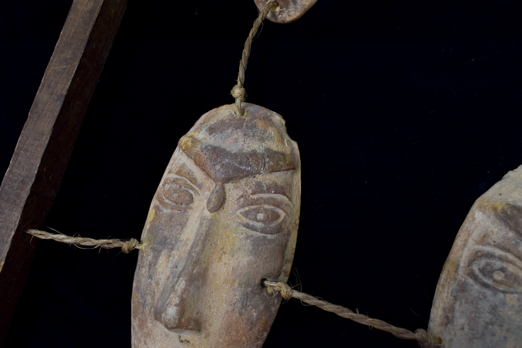 Clay Face Native Wood Rope Display Vintage Hand Made Tiki Native Handmade Decorative Piece