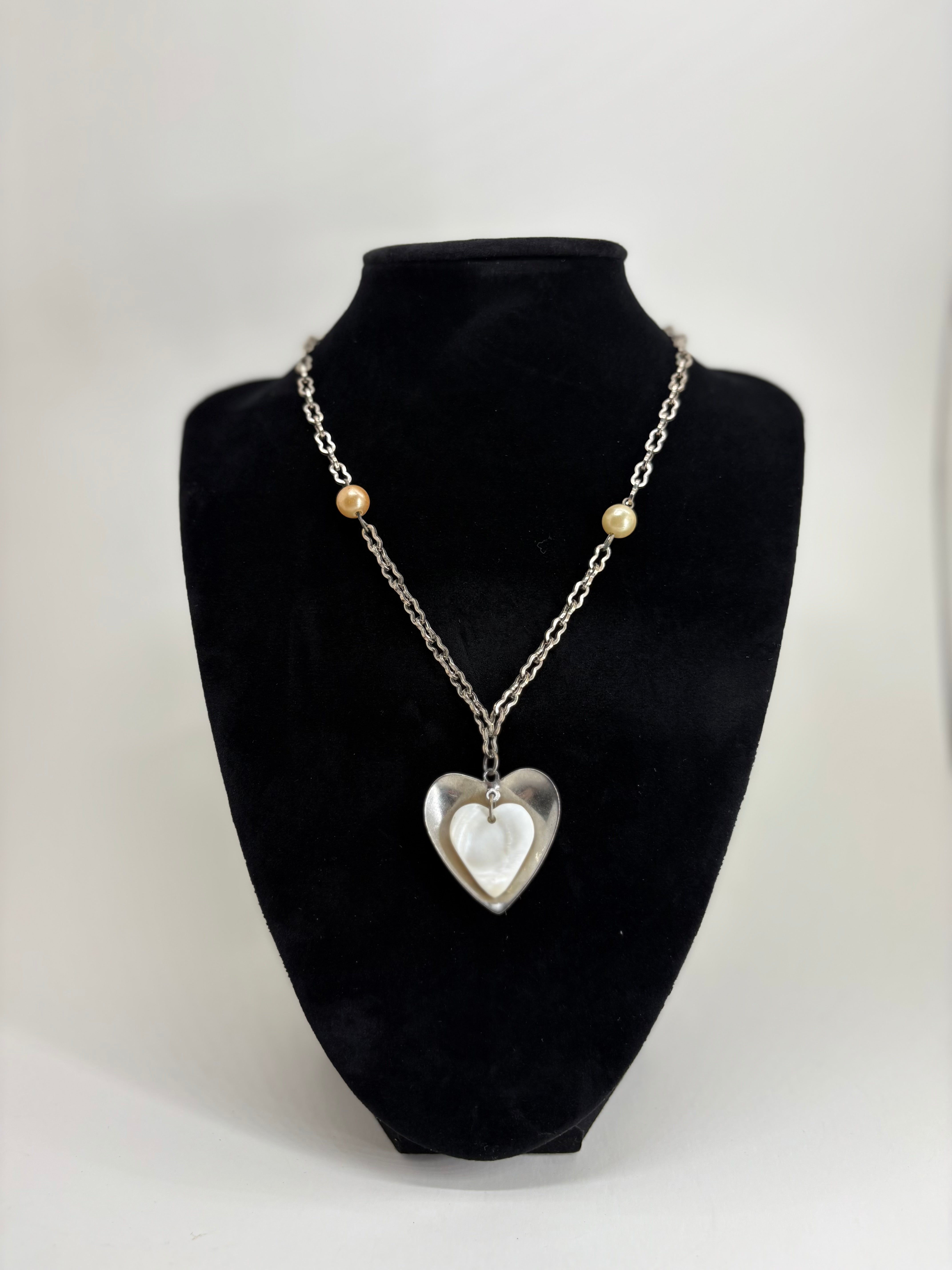 Vintage Style Necklace with White Stone Heart Pendant and Two Faux Pearls 9"