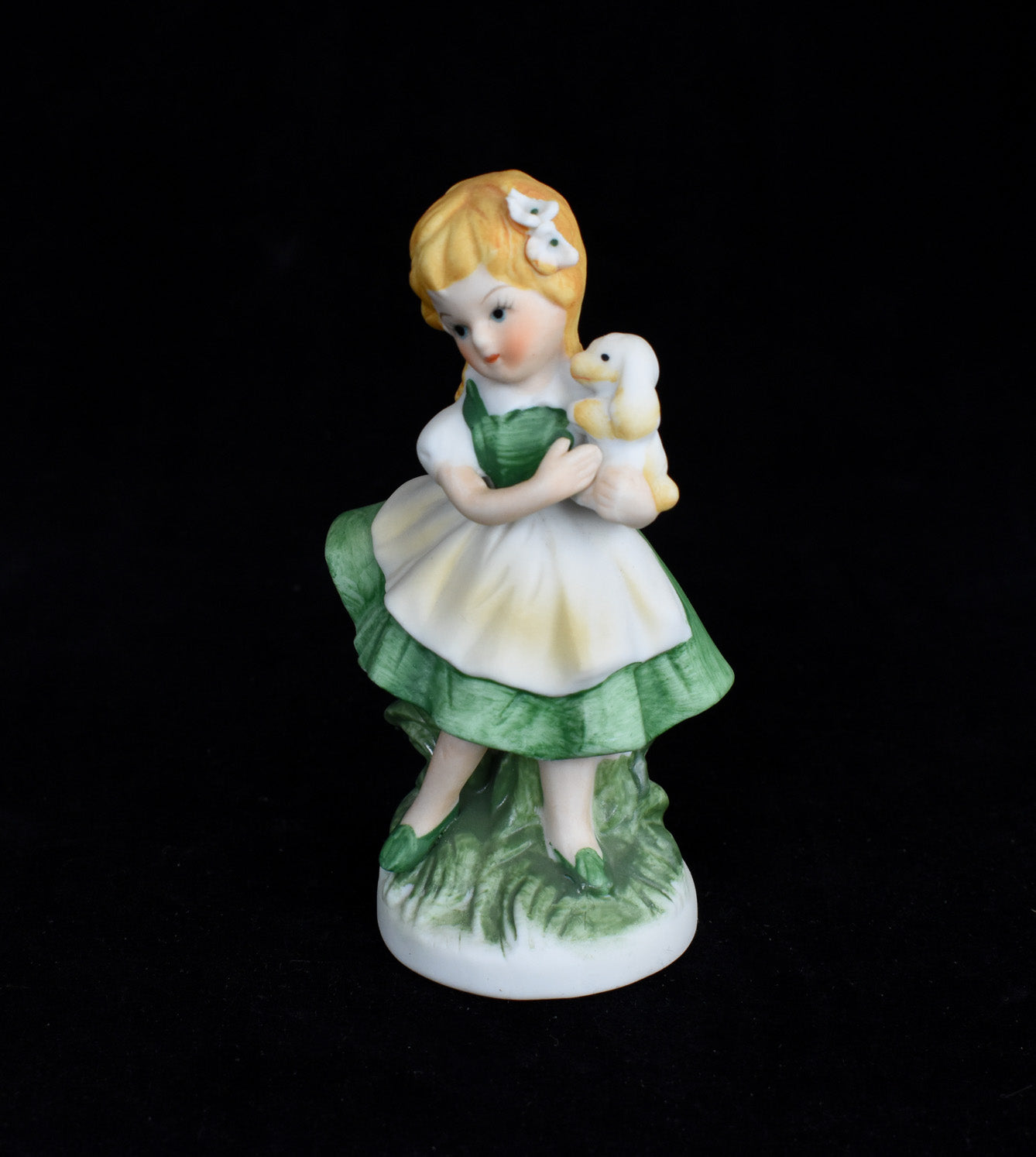Vintage Napcoware Figurine Girl in Green & White Dress Holding Puppy C-8613 NICE