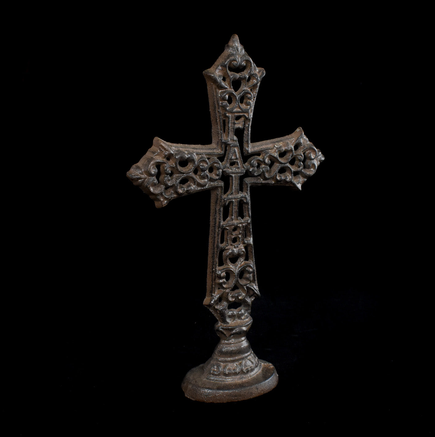 Cast Iron Cross Vintage Used Faith Rustic Brown 12inch Tall Standing