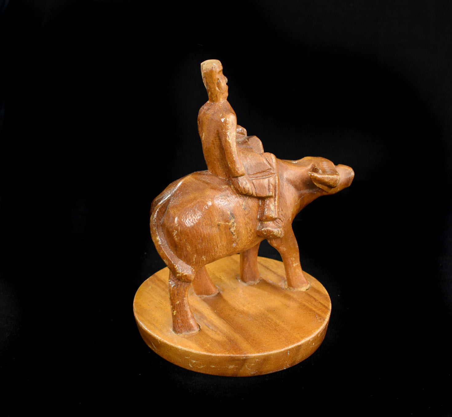 Hand Carved Wood Chinese Man on Water Buffalo Oxen Used Vintage Statue