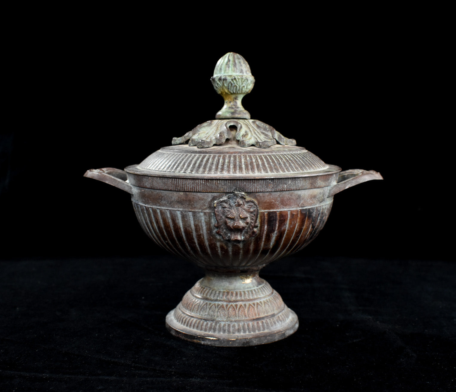 Brass Metal Bowl and Lid Pot Vintage Used Lions Face 19th Century