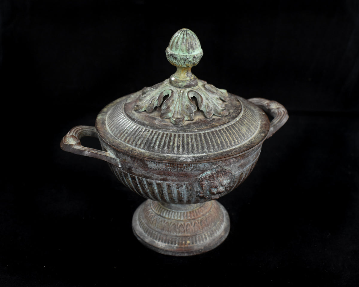 Brass Metal Bowl and Lid Pot Vintage Used Lions Face 19th Century
