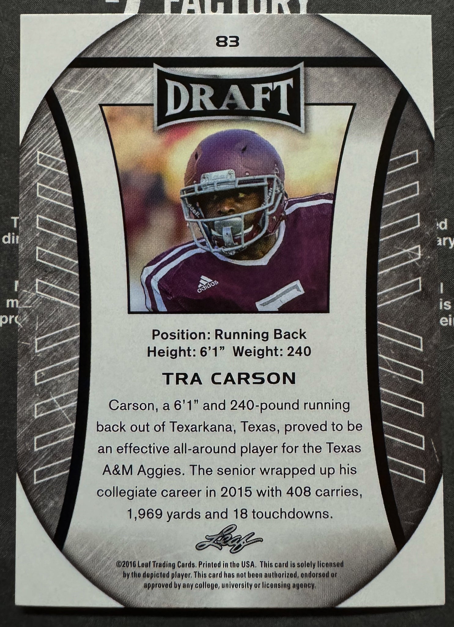 Tra Carson 2016 Leaf Draft #83 Texas A&M Aggies Football Card NM