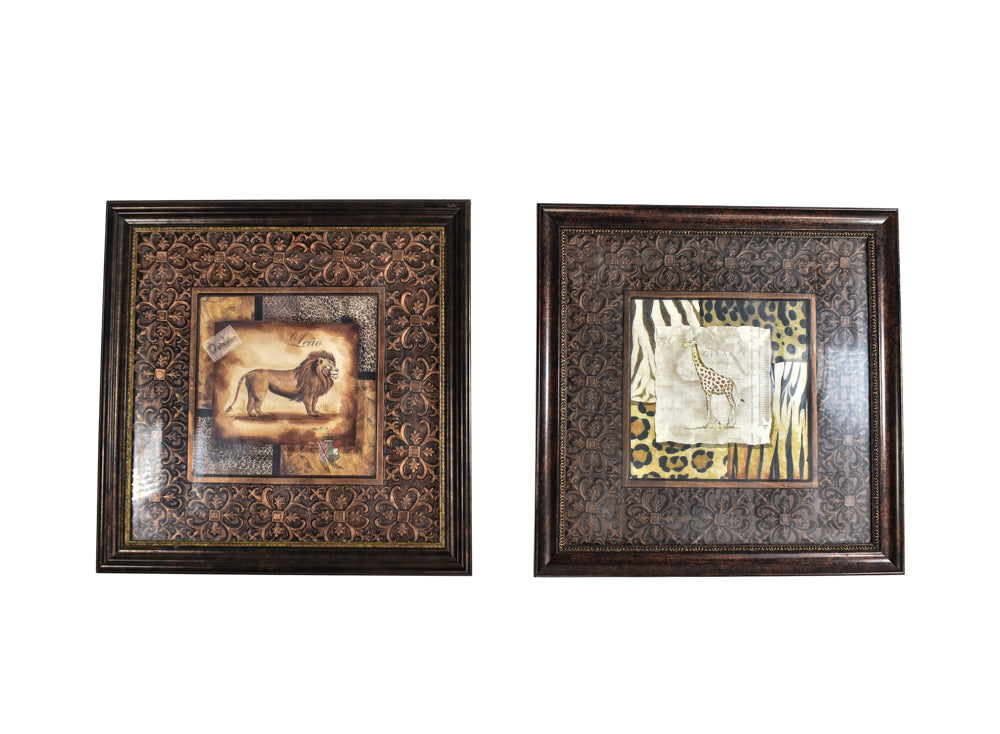 Lion Safari Framed Decor Set 11x11' Giraffe African Safari Themed Art Used